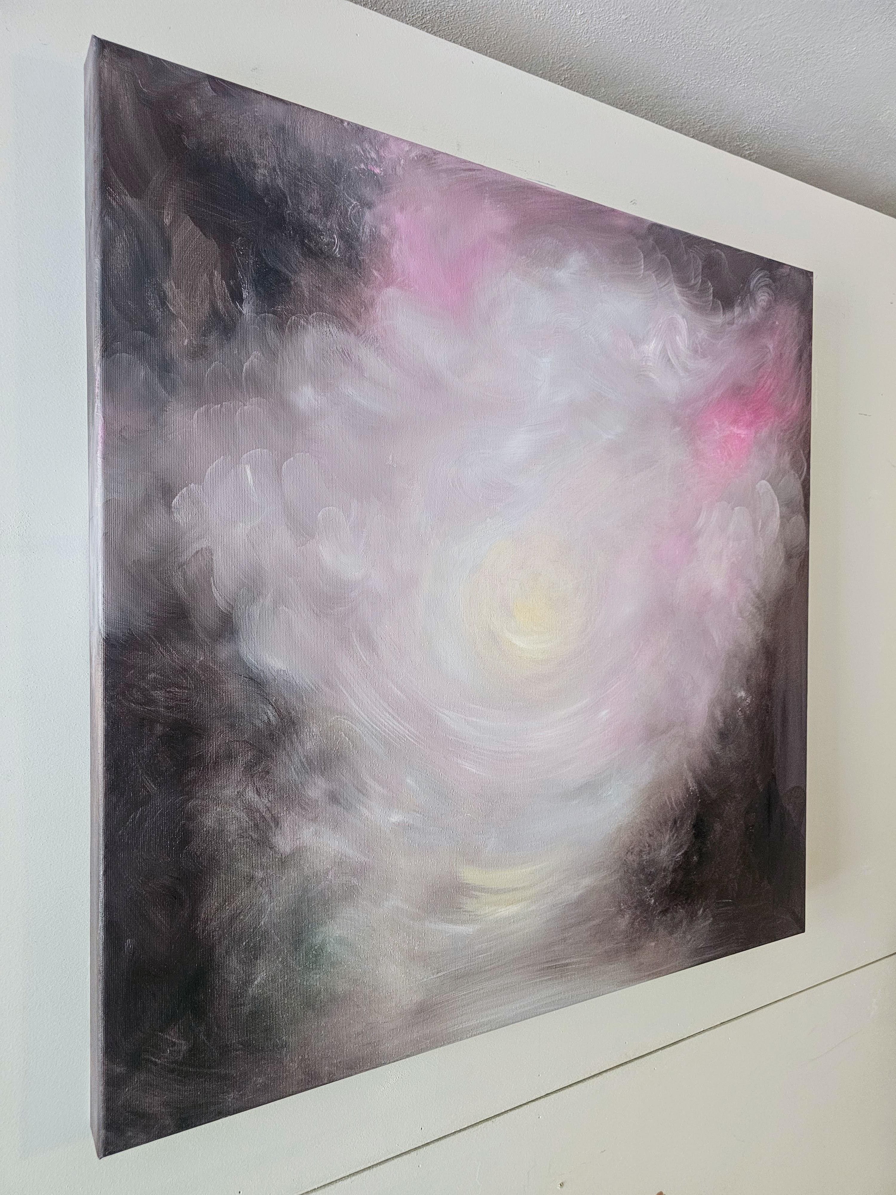 The newborn light that is me - Atmospheric dreamy pink & brown abstract painting For Sale 5