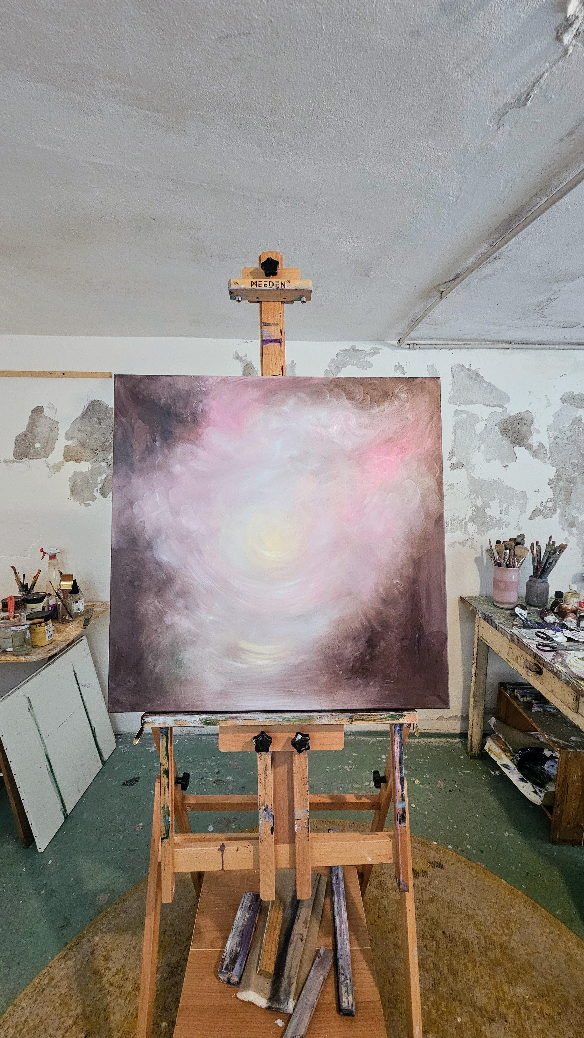 The newborn light that is me - Atmospheric dreamy pink & brown abstract painting For Sale 7