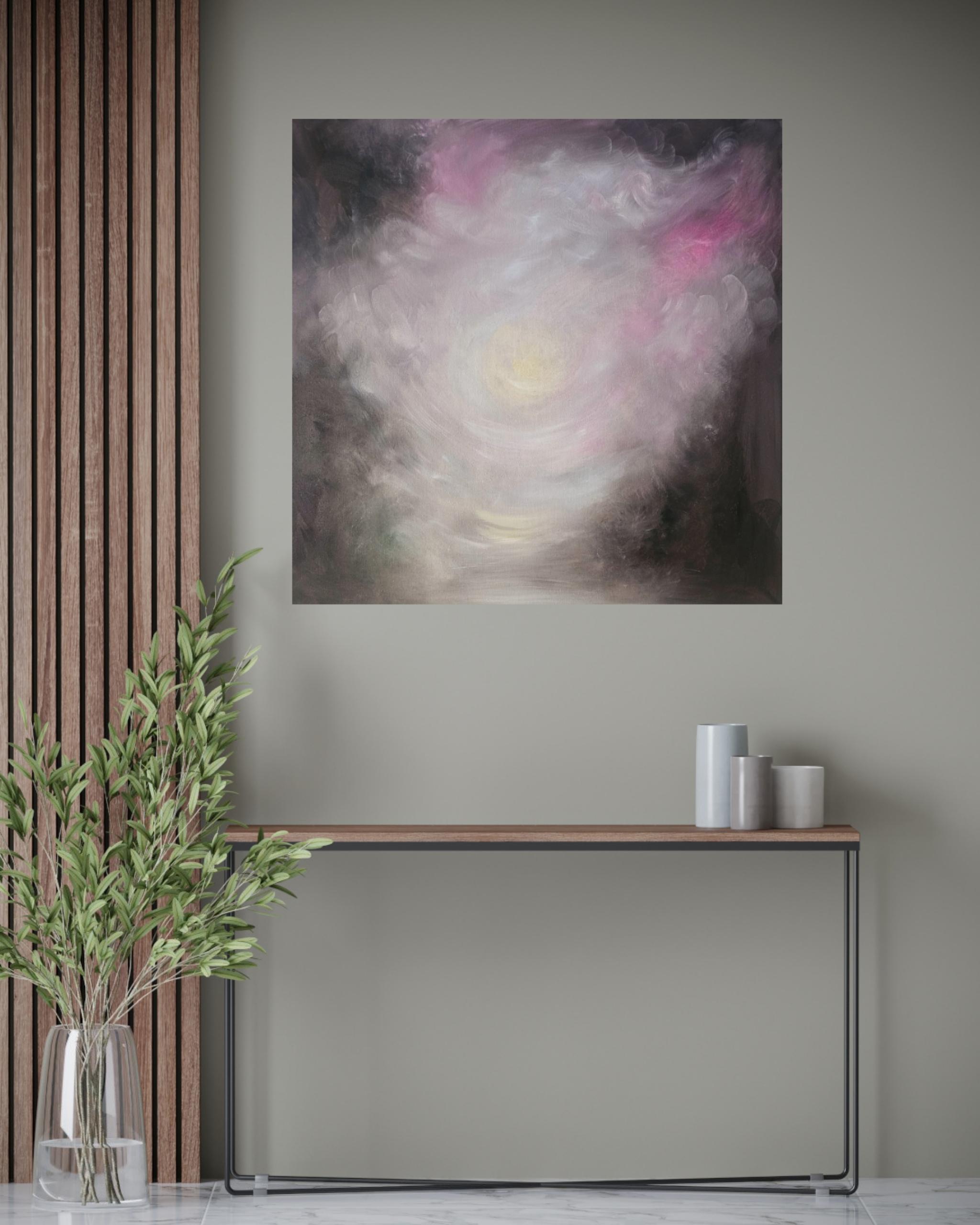 The newborn light that is me - Atmospheric dreamy pink & brown abstract painting For Sale 8