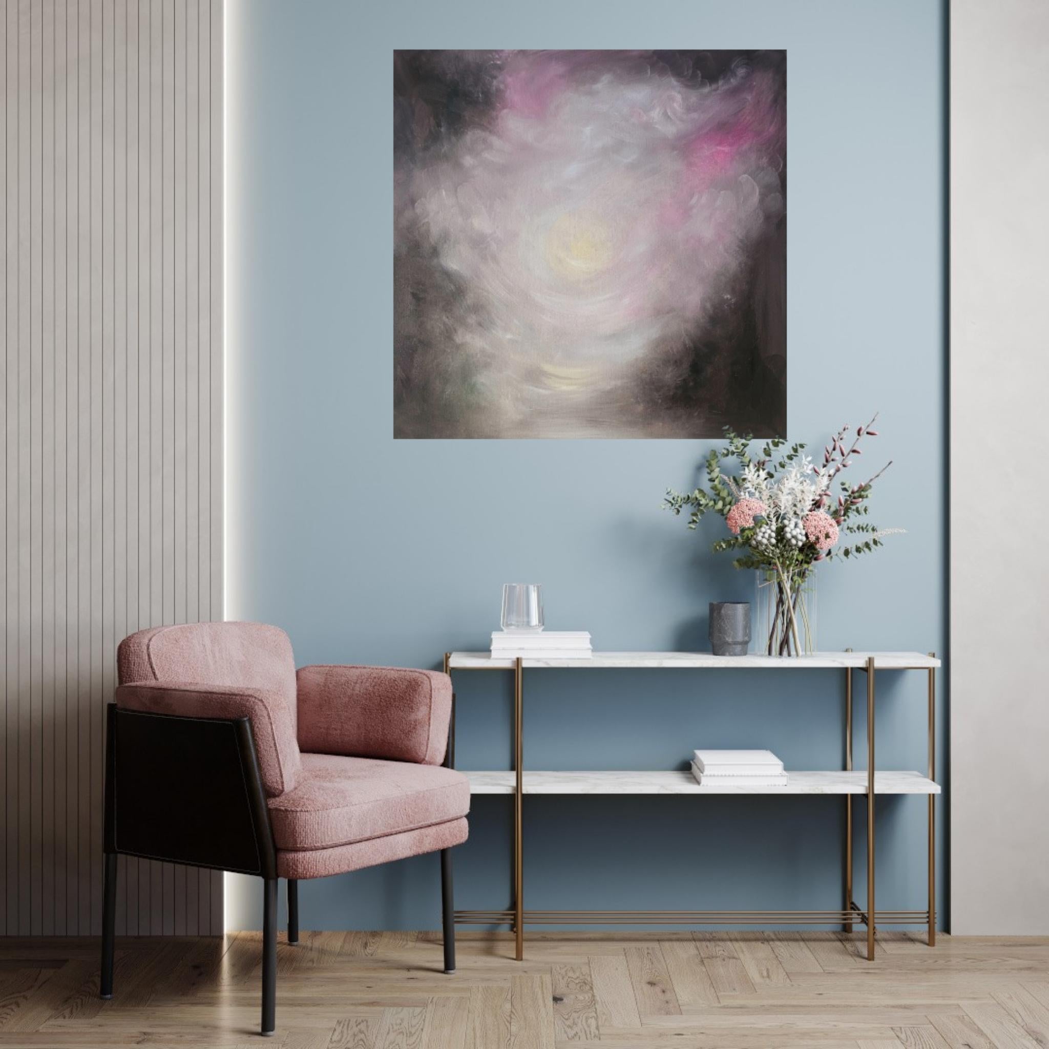 The newborn light that is me - Atmospheric dreamy pink & brown abstract painting For Sale 9
