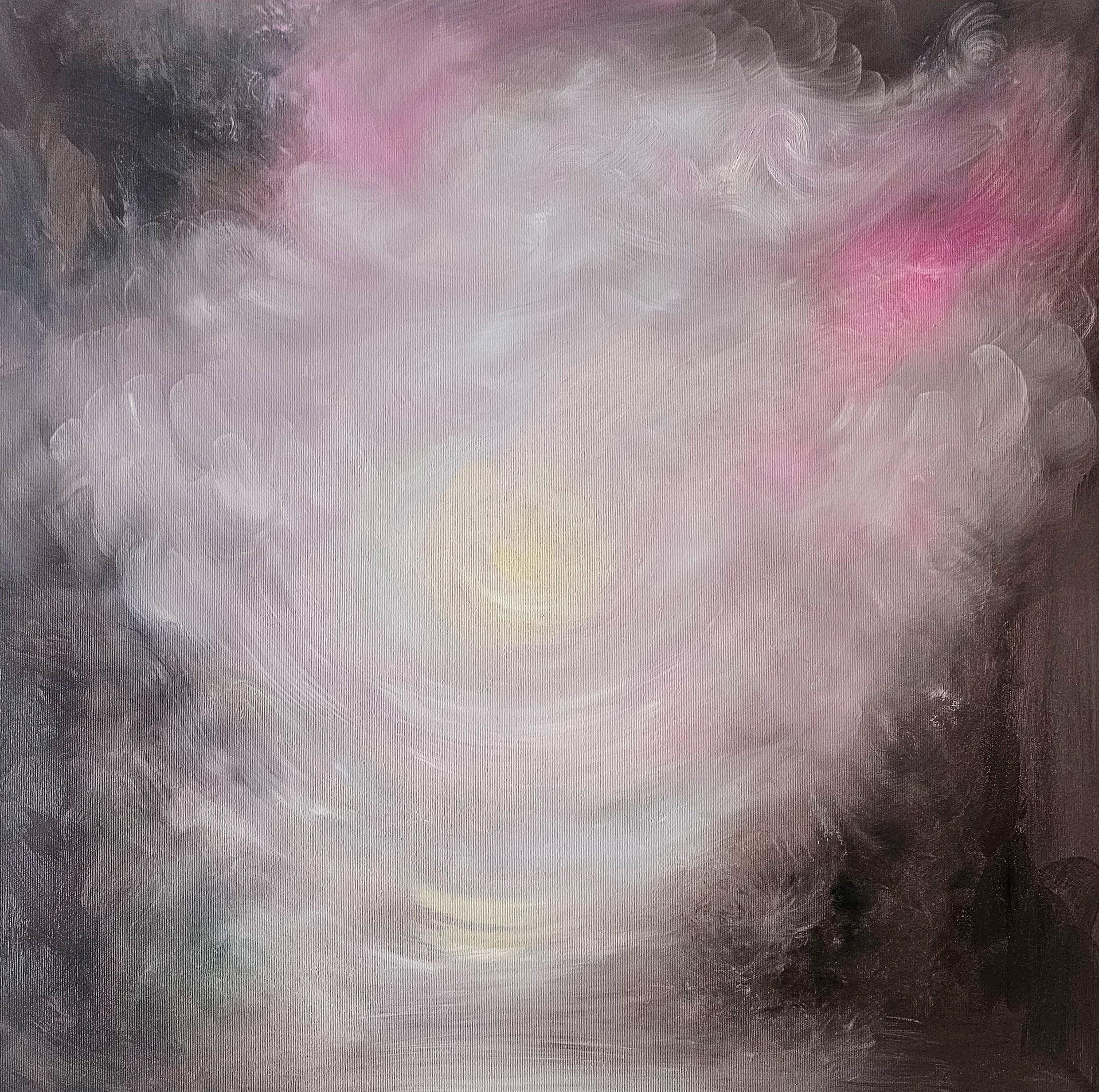 The newborn light that is me - Atmospheric dreamy pink & brown abstract painting - Painting by Jennifer L. Baker