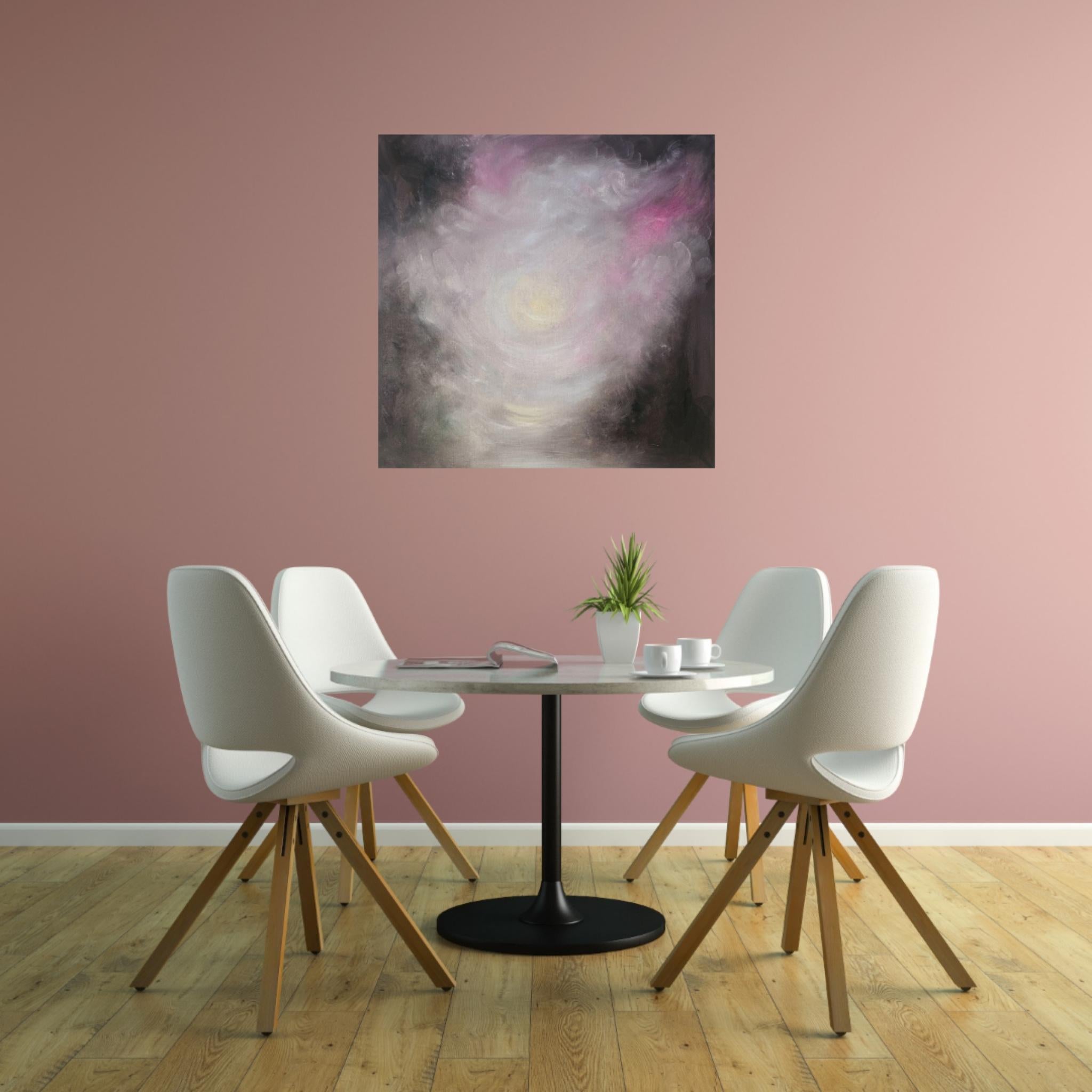 The newborn light that is me - Atmospheric dreamy pink & brown abstract painting - Gray Abstract Painting by Jennifer L. Baker
