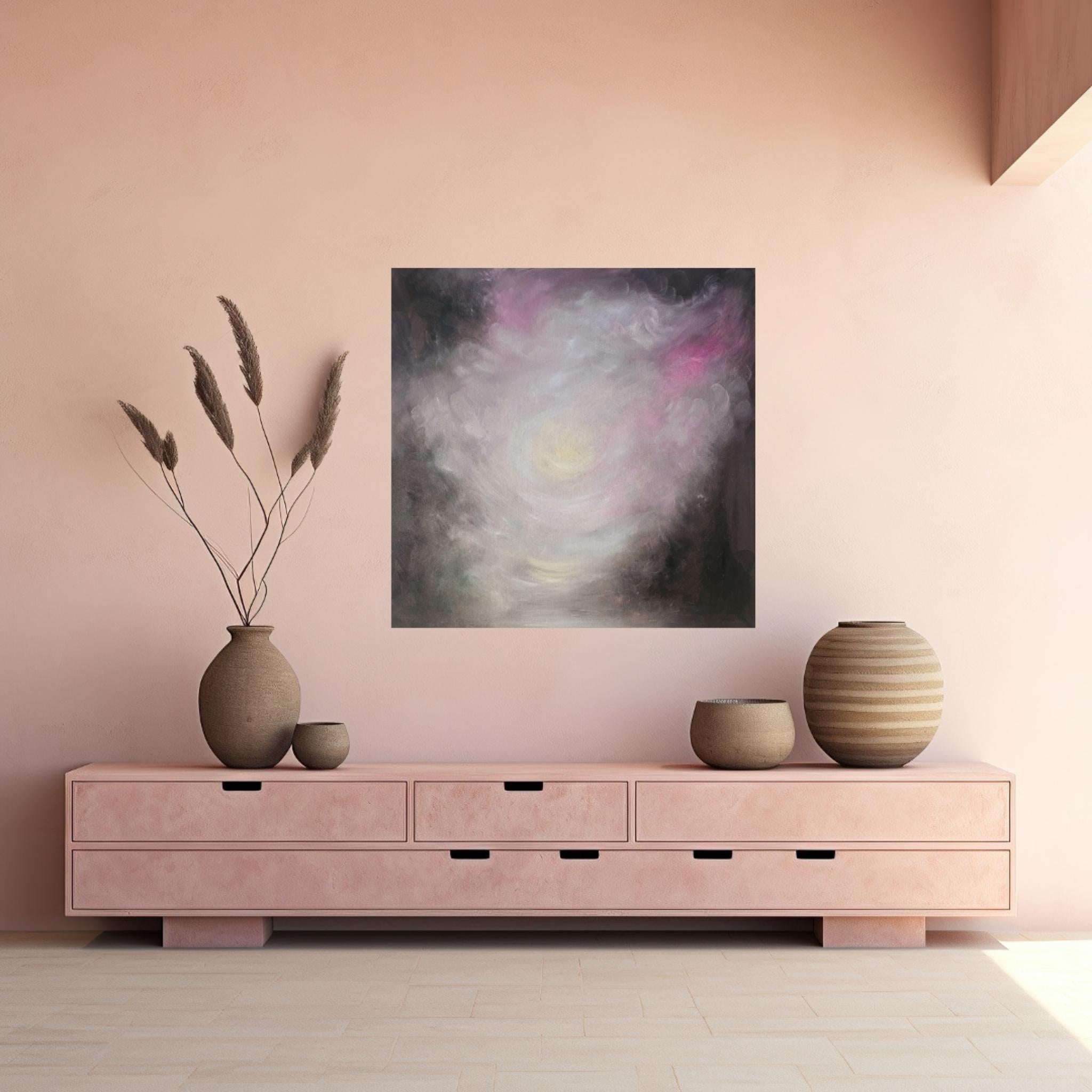 A rapturous pink and deep brown ode to golden light.
When I paint, I use cloth rags taken from daily life. For this painting, I used one of the discarded head coverings I was forced to wear during chemo treatments. As I painted, the light emerged