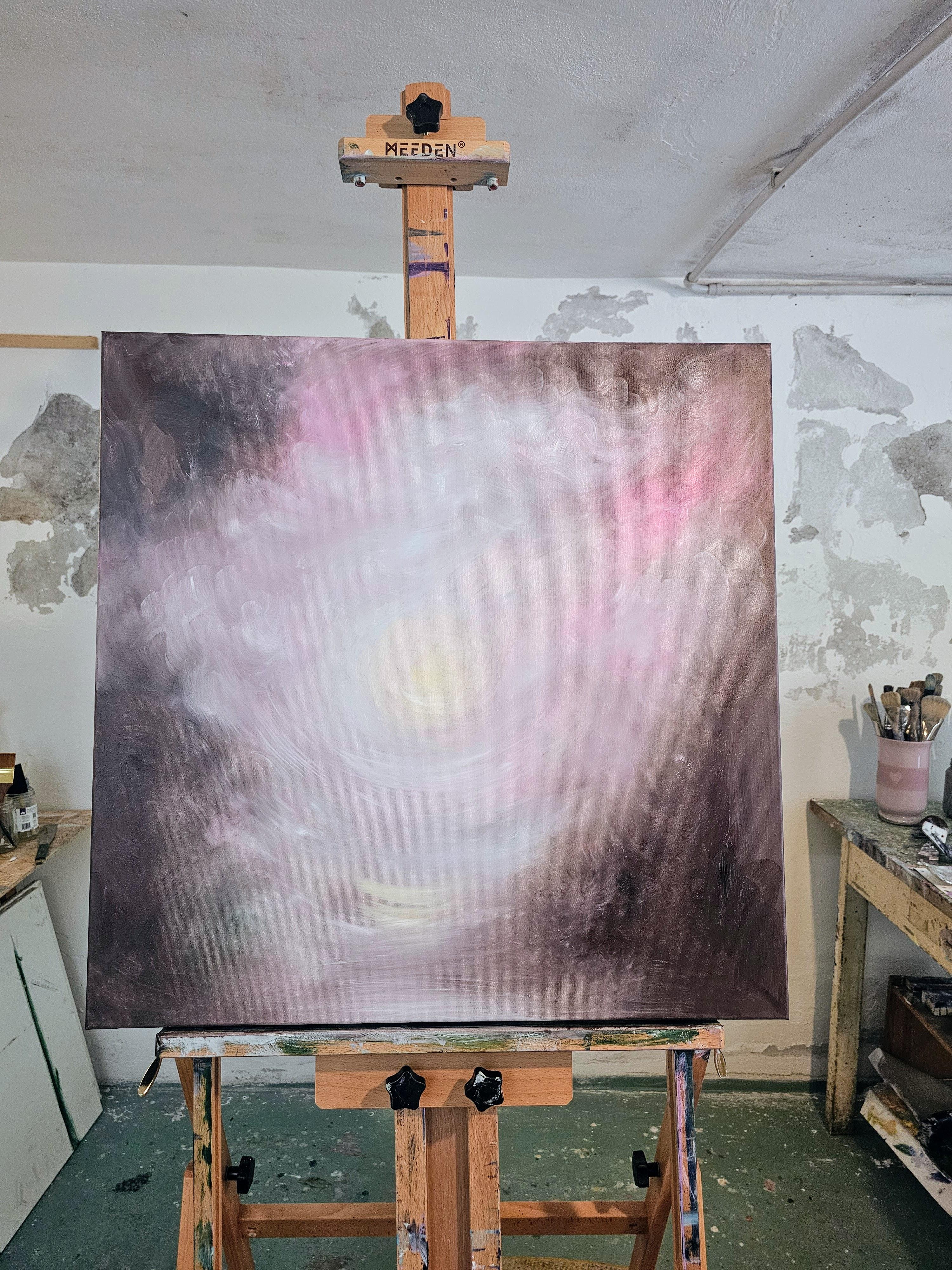 The newborn light that is me - Atmospheric dreamy pink & brown abstract painting For Sale 1