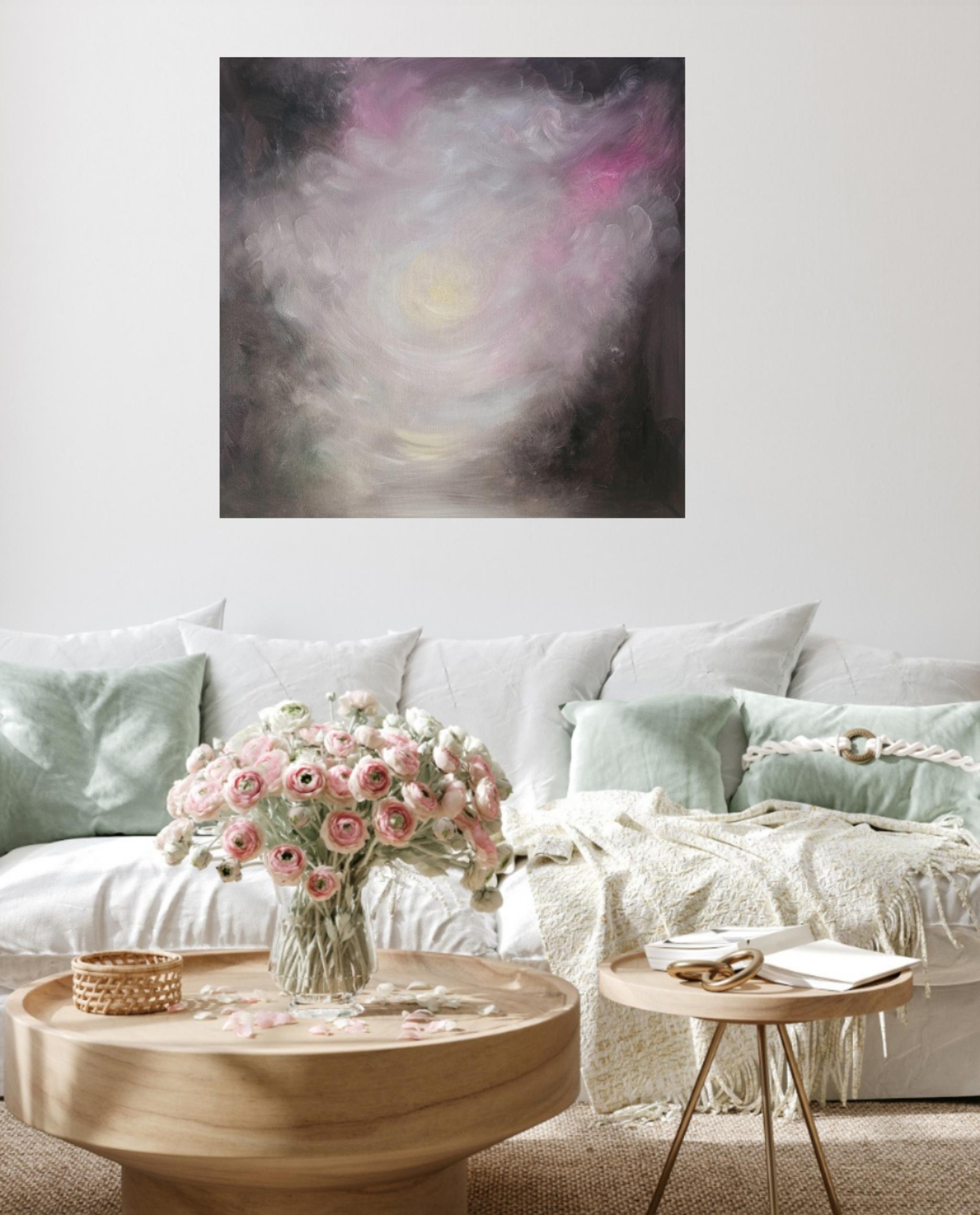 The newborn light that is me - Atmospheric dreamy pink & brown abstract painting For Sale 2