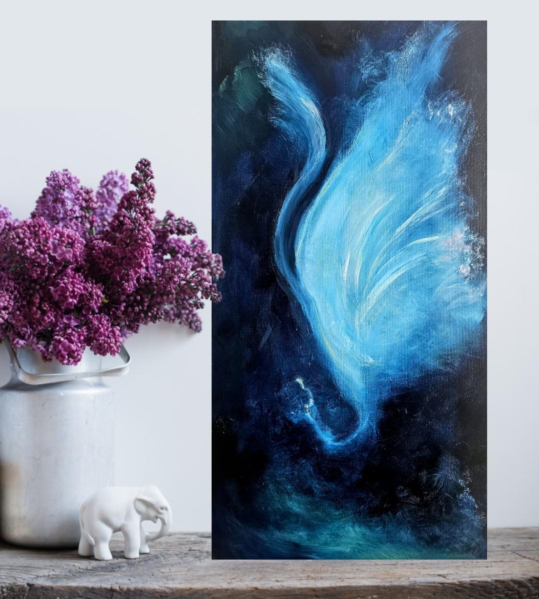 Der Nachtschmetterling, der allein tanzt - Blaues abstraktes expressionistisches Gemälde im Angebot 5