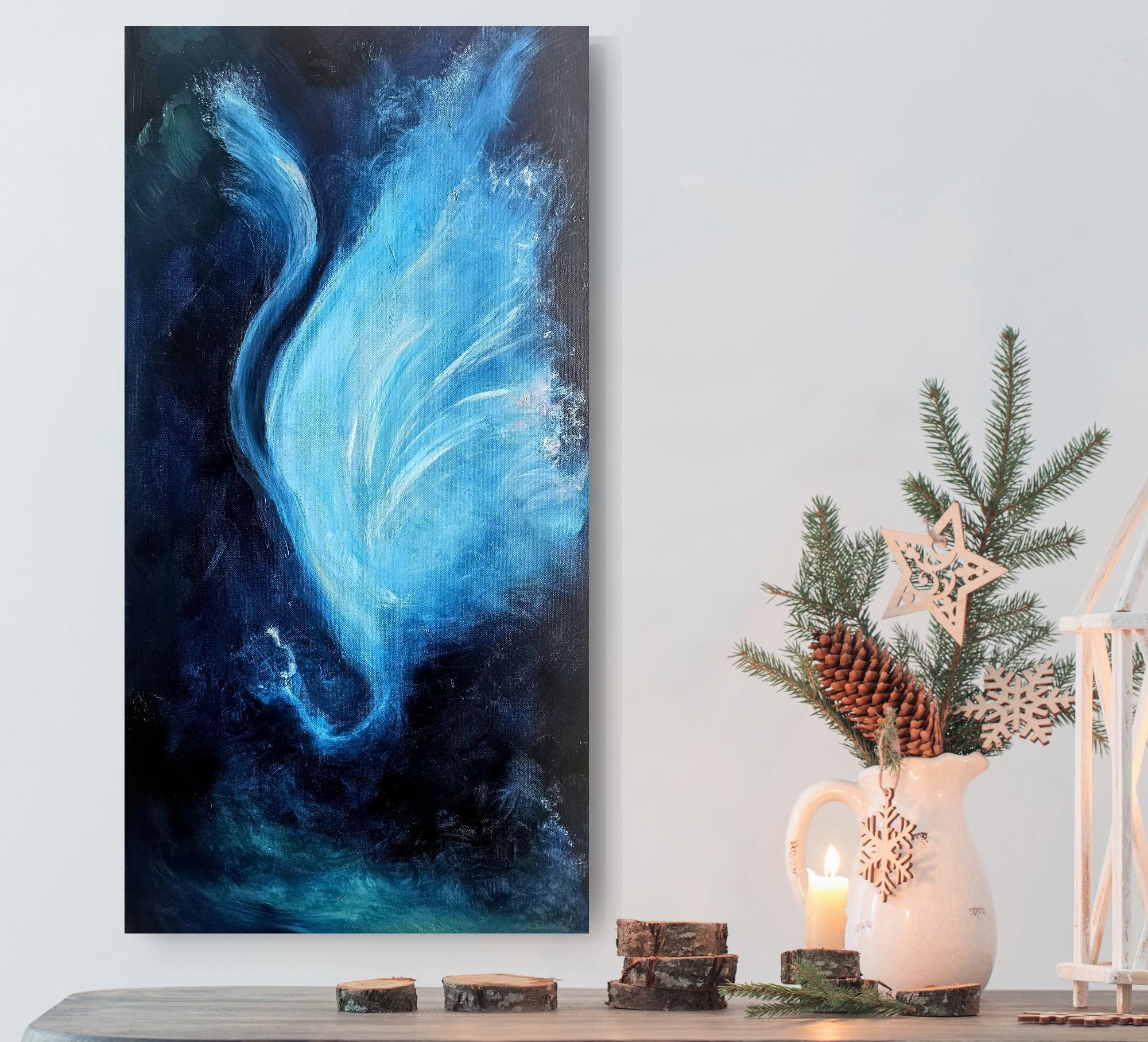 Der Nachtschmetterling, der allein tanzt - Blaues abstraktes expressionistisches Gemälde im Angebot 6