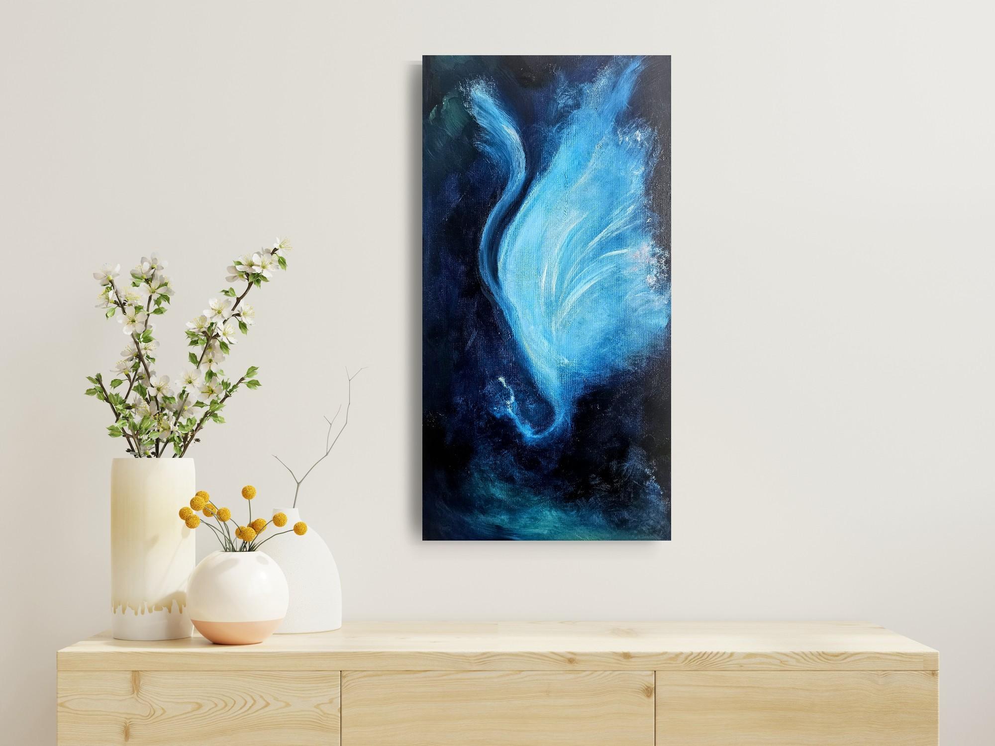 Der Nachtschmetterling, der allein tanzt - Blaues abstraktes expressionistisches Gemälde im Angebot 7