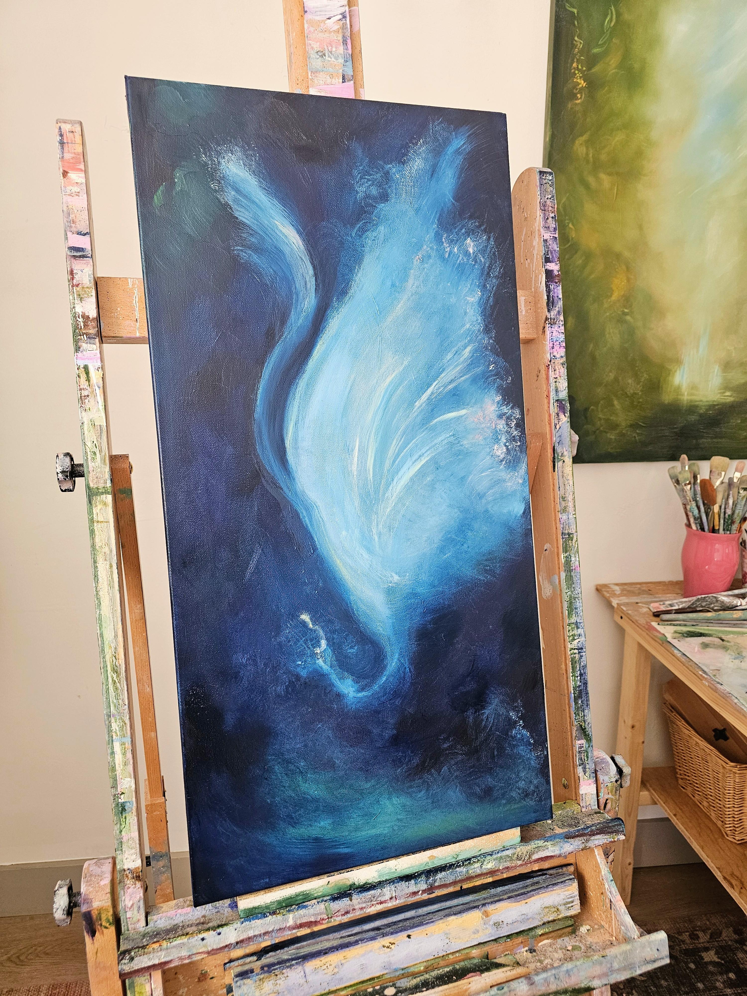 Der Nachtschmetterling, der allein tanzt - Blaues abstraktes expressionistisches Gemälde im Angebot 9