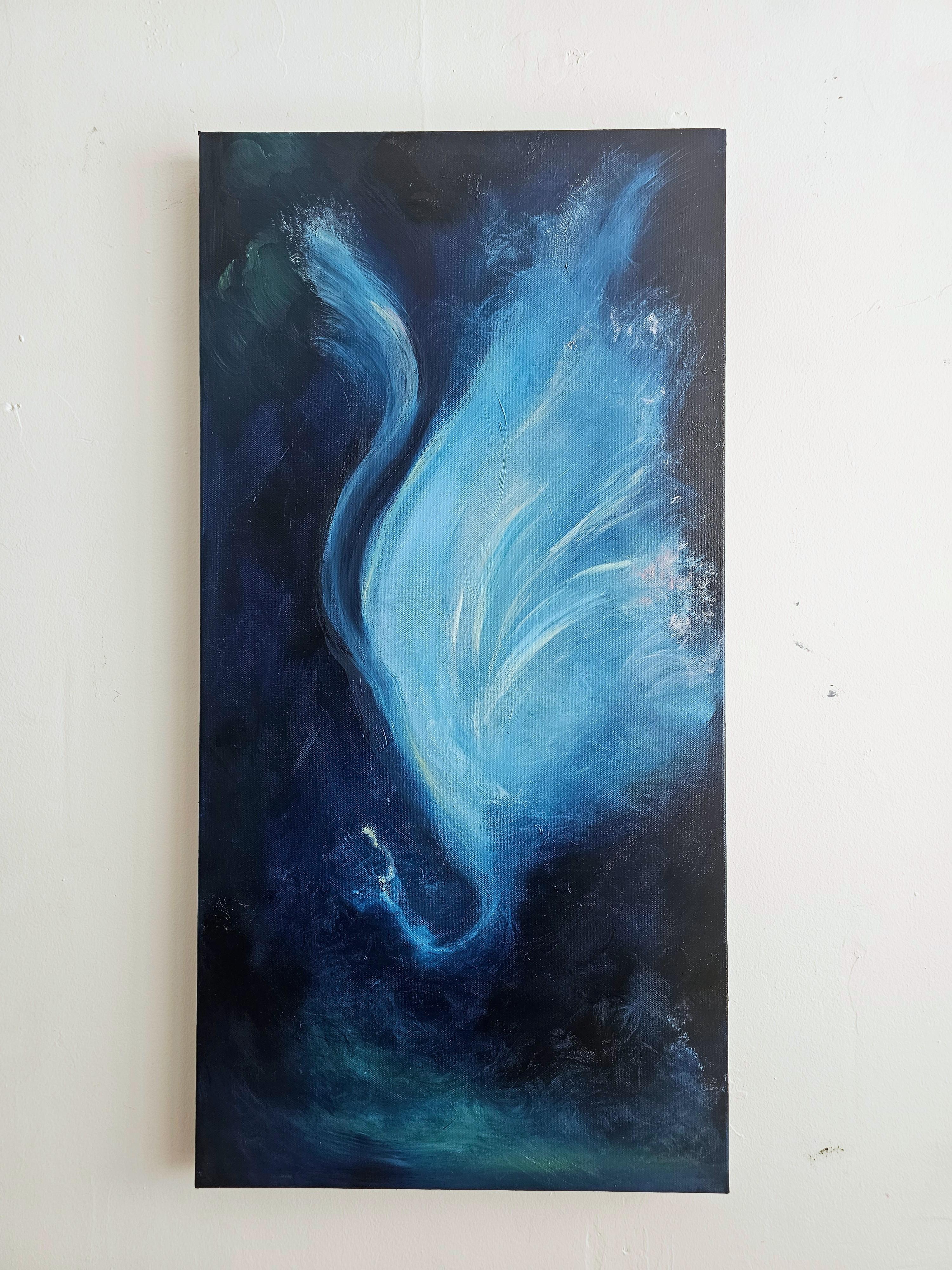 Der Nachtschmetterling, der allein tanzt - Blaues abstraktes expressionistisches Gemälde – Painting von Jennifer L. Baker