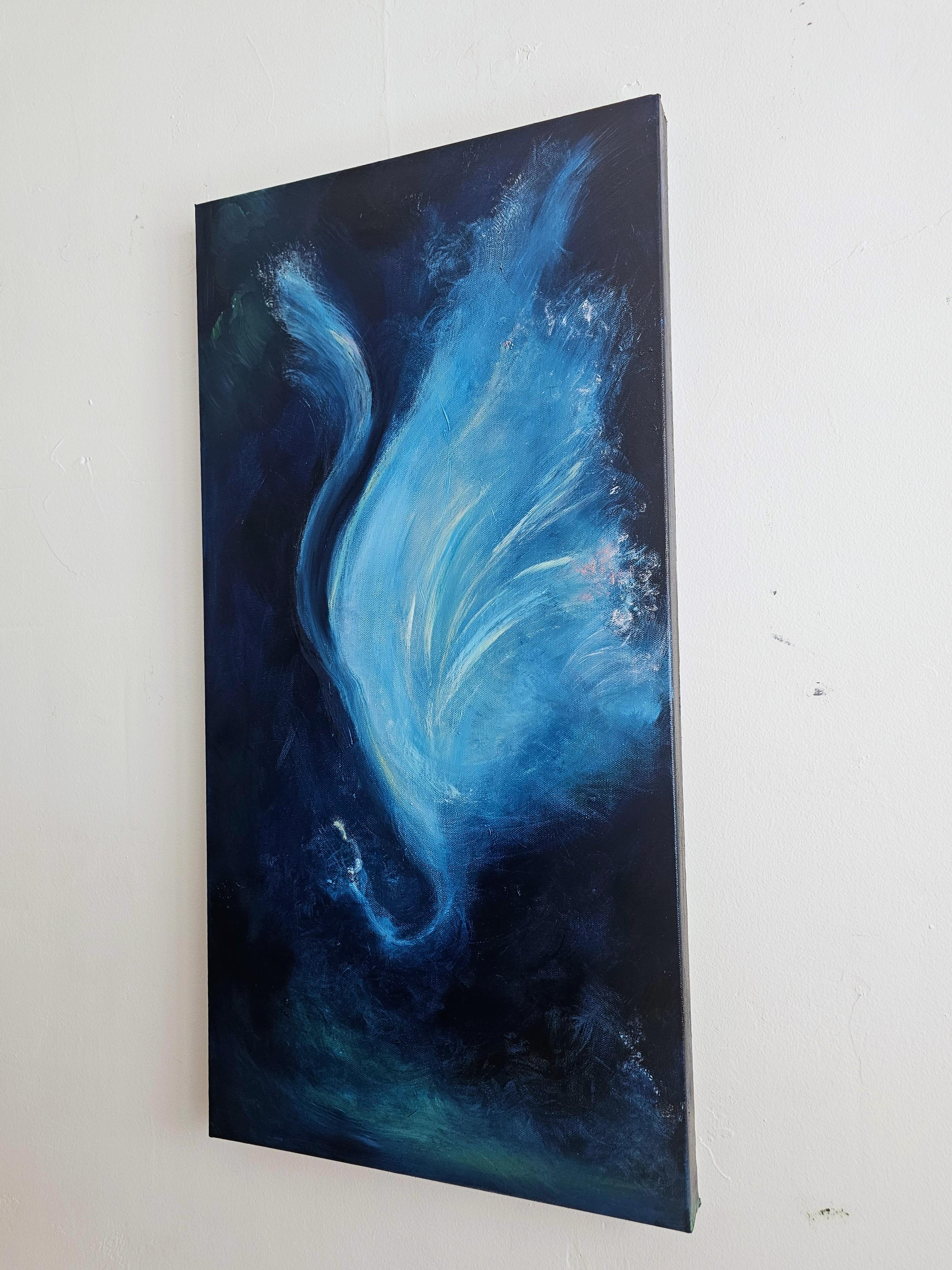 Der Nachtschmetterling, der allein tanzt - Blaues abstraktes expressionistisches Gemälde (Abstrakter Expressionismus), Painting, von Jennifer L. Baker