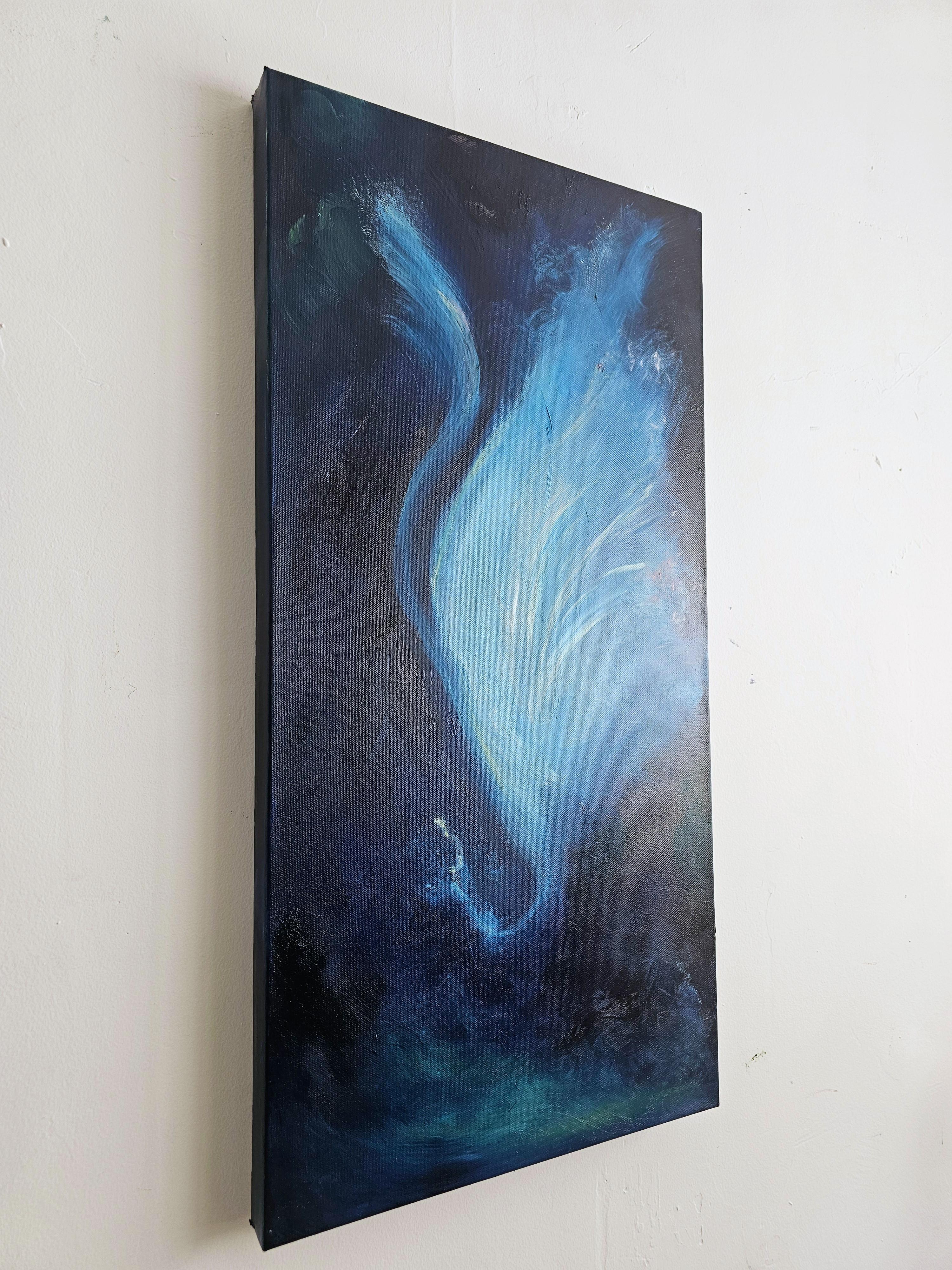 Der Nachtschmetterling, der allein tanzt - Blaues abstraktes expressionistisches Gemälde (Schwarz), Abstract Painting, von Jennifer L. Baker