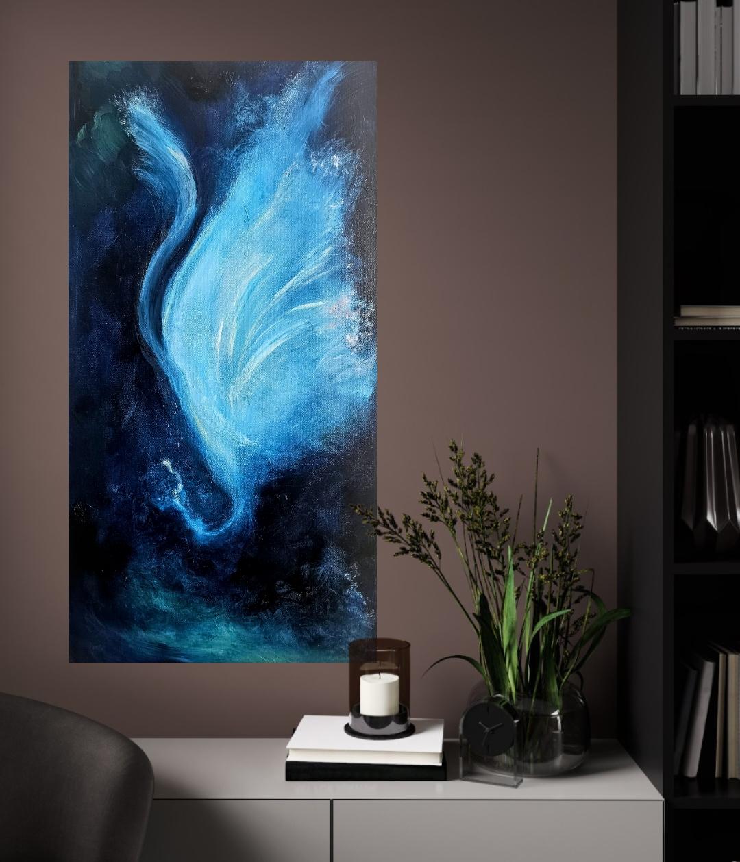 Der Nachtschmetterling, der allein tanzt - Blaues abstraktes expressionistisches Gemälde im Angebot 1