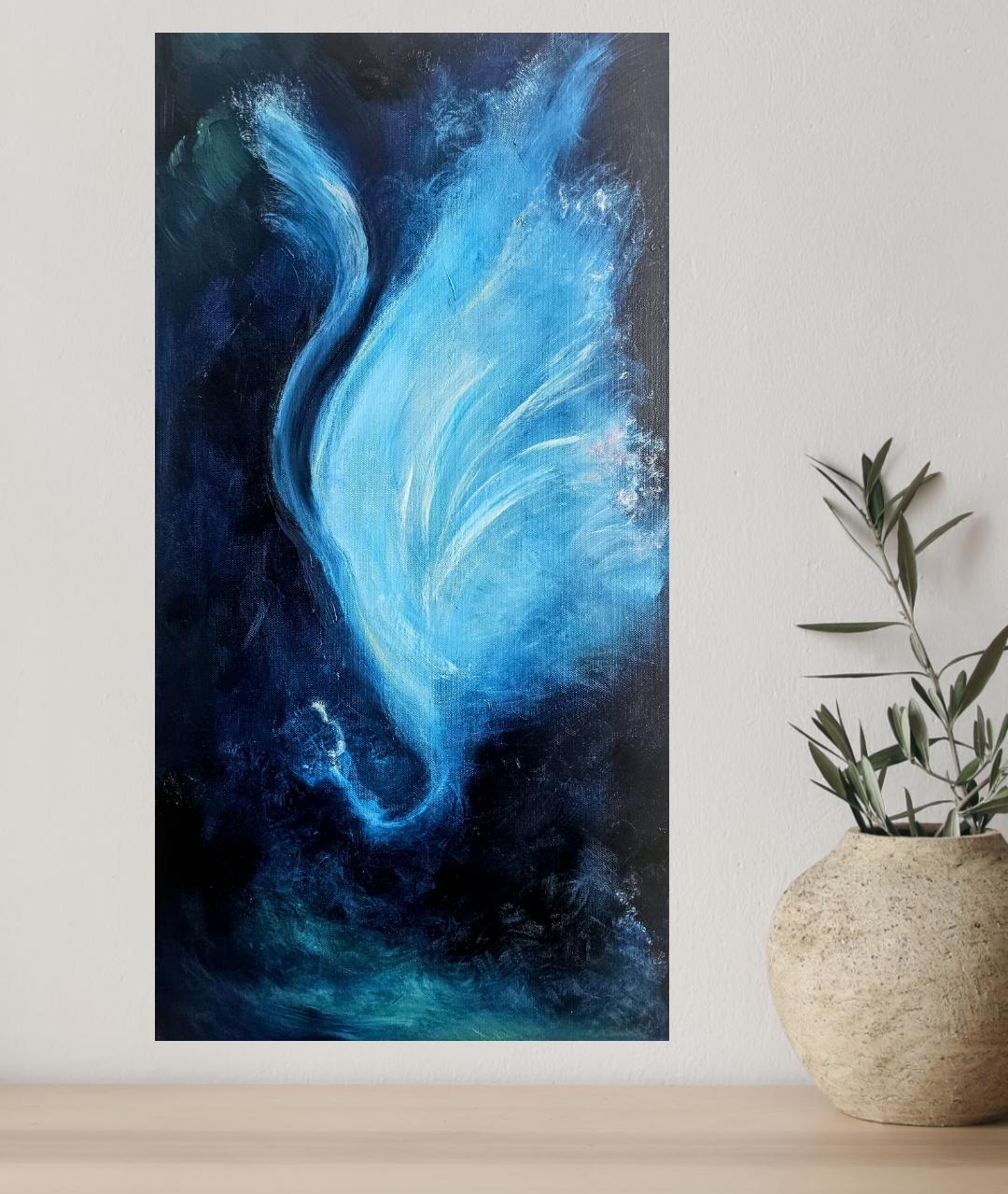 Der Nachtschmetterling, der allein tanzt - Blaues abstraktes expressionistisches Gemälde im Angebot 2