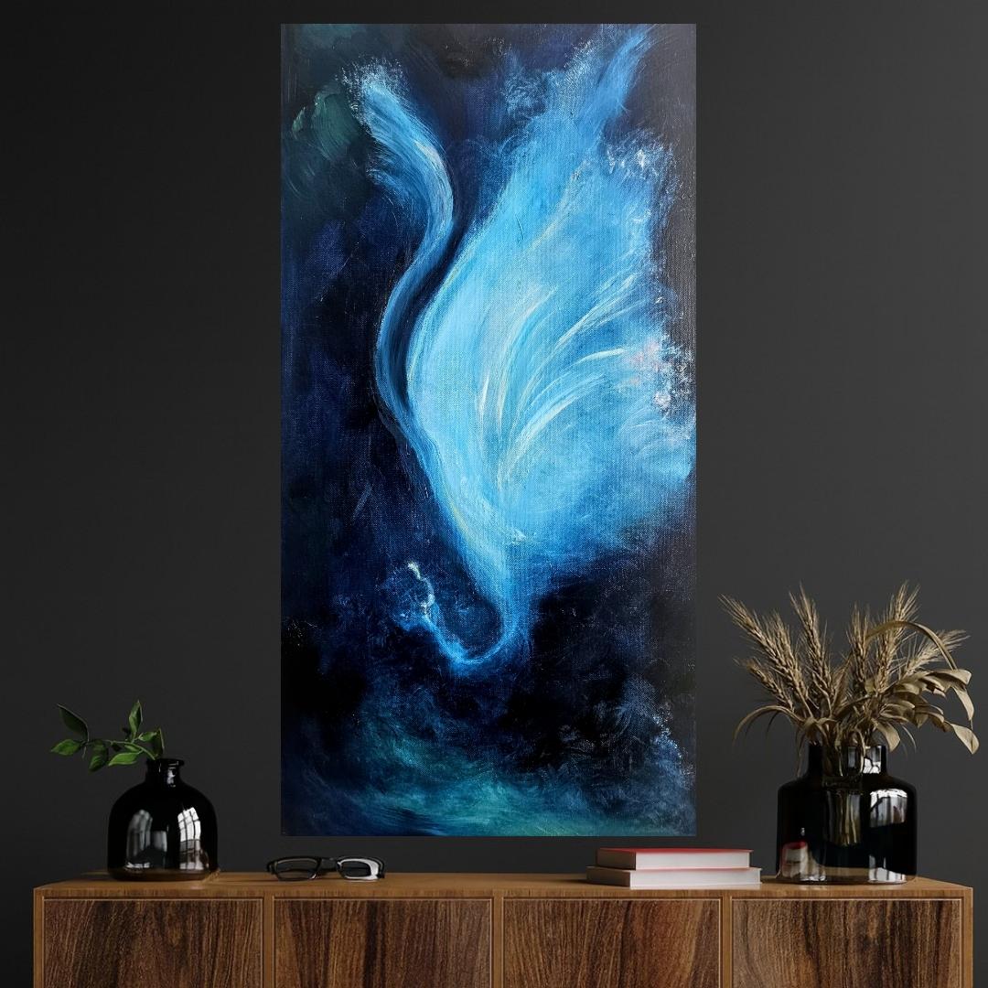 Der Nachtschmetterling, der allein tanzt - Blaues abstraktes expressionistisches Gemälde im Angebot 3