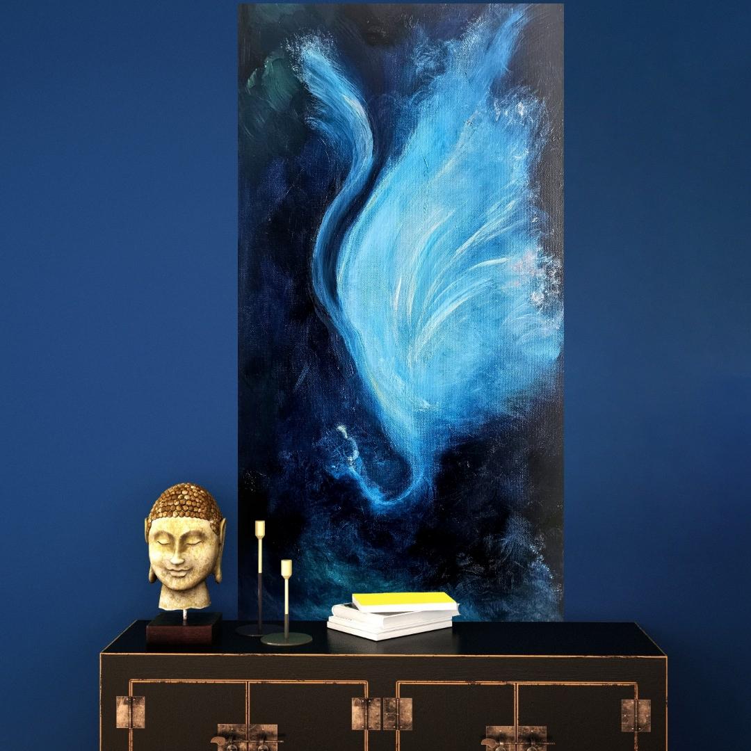 Der Nachtschmetterling, der allein tanzt - Blaues abstraktes expressionistisches Gemälde im Angebot 4