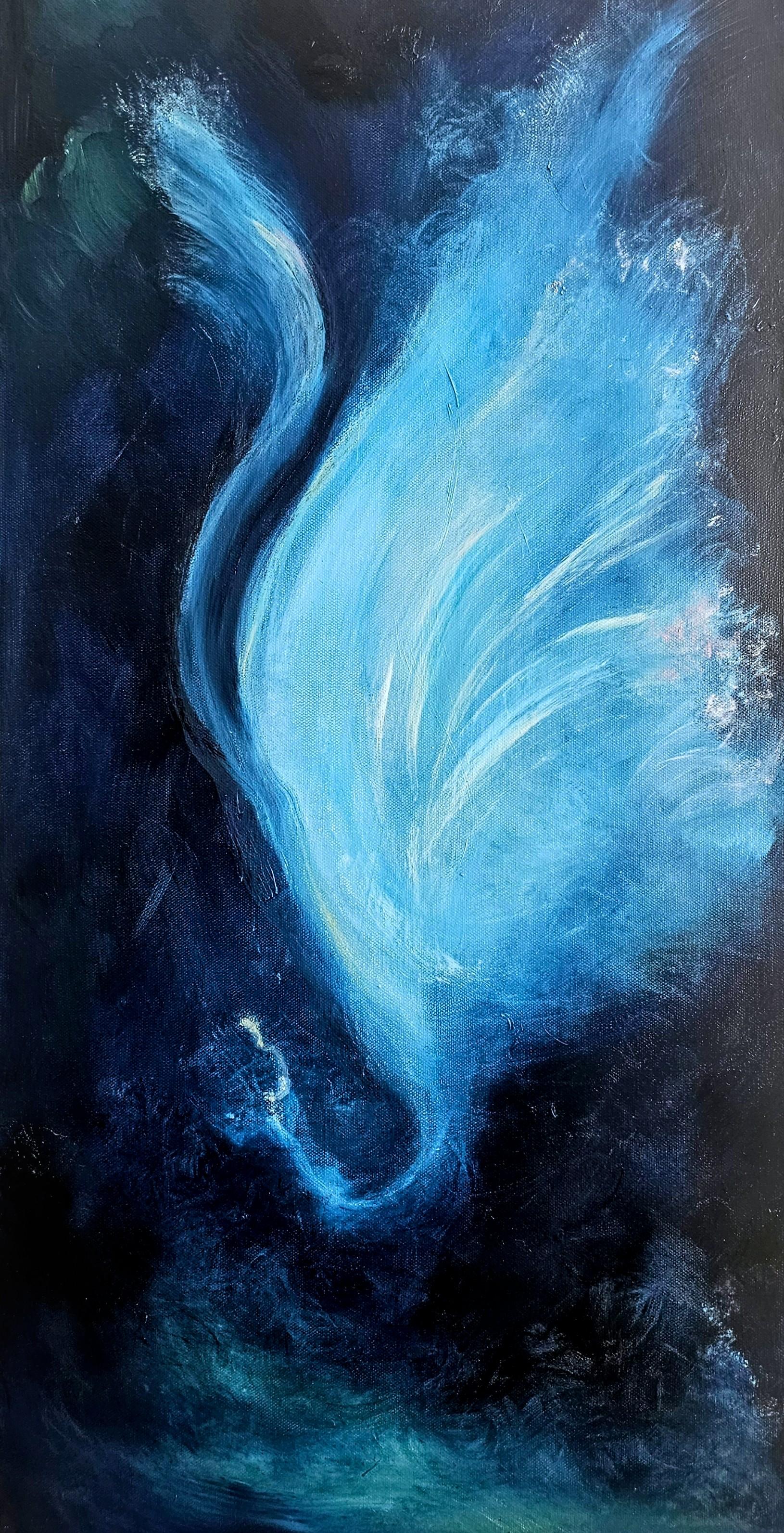 Jennifer L. Baker Abstract Painting – Der Nachtschmetterling, der allein tanzt - Blaues abstraktes expressionistisches Gemälde
