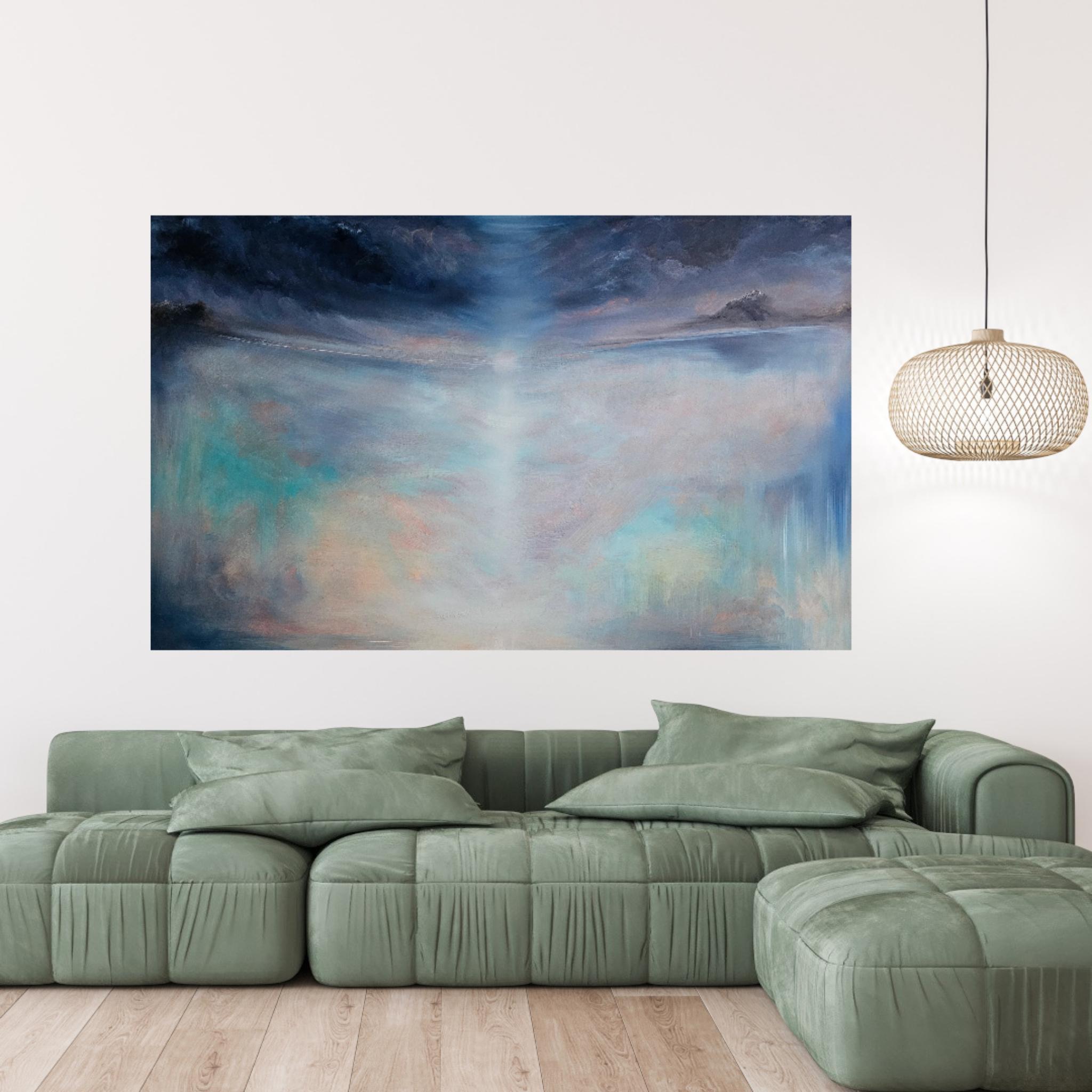 La stagione del cielo - Grande quadro astratto di paesaggio marino blu e maestoso in vendita 8