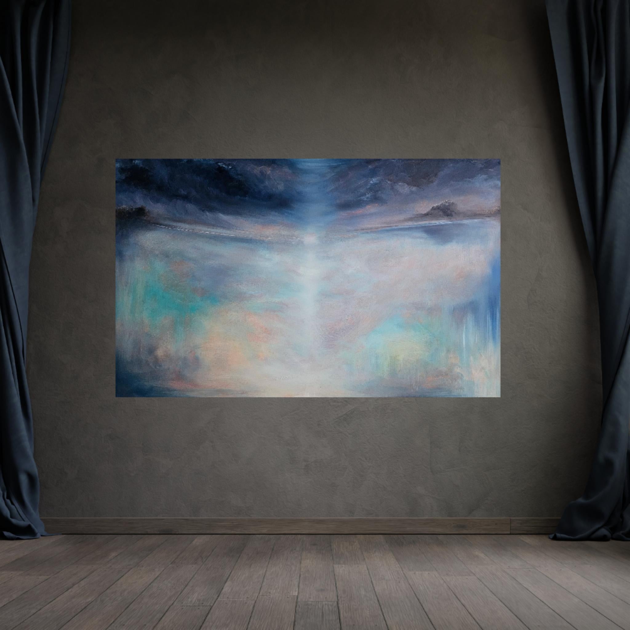 La stagione del cielo - Grande quadro astratto di paesaggio marino blu e maestoso in vendita 9