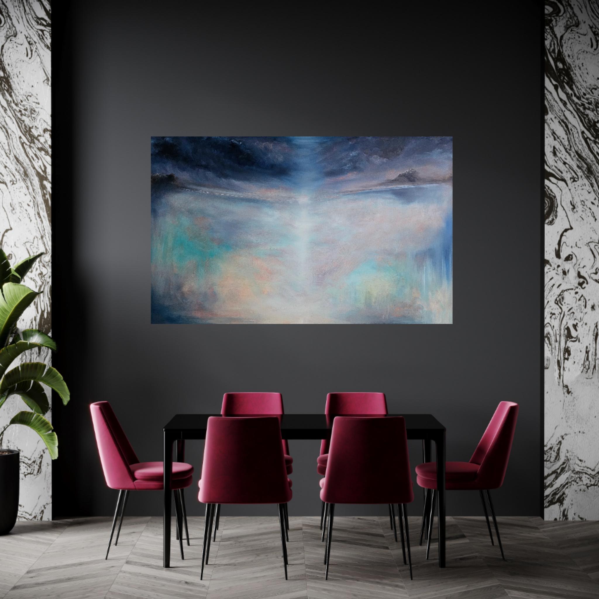 La stagione del cielo - Grande quadro astratto di paesaggio marino blu e maestoso in vendita 11