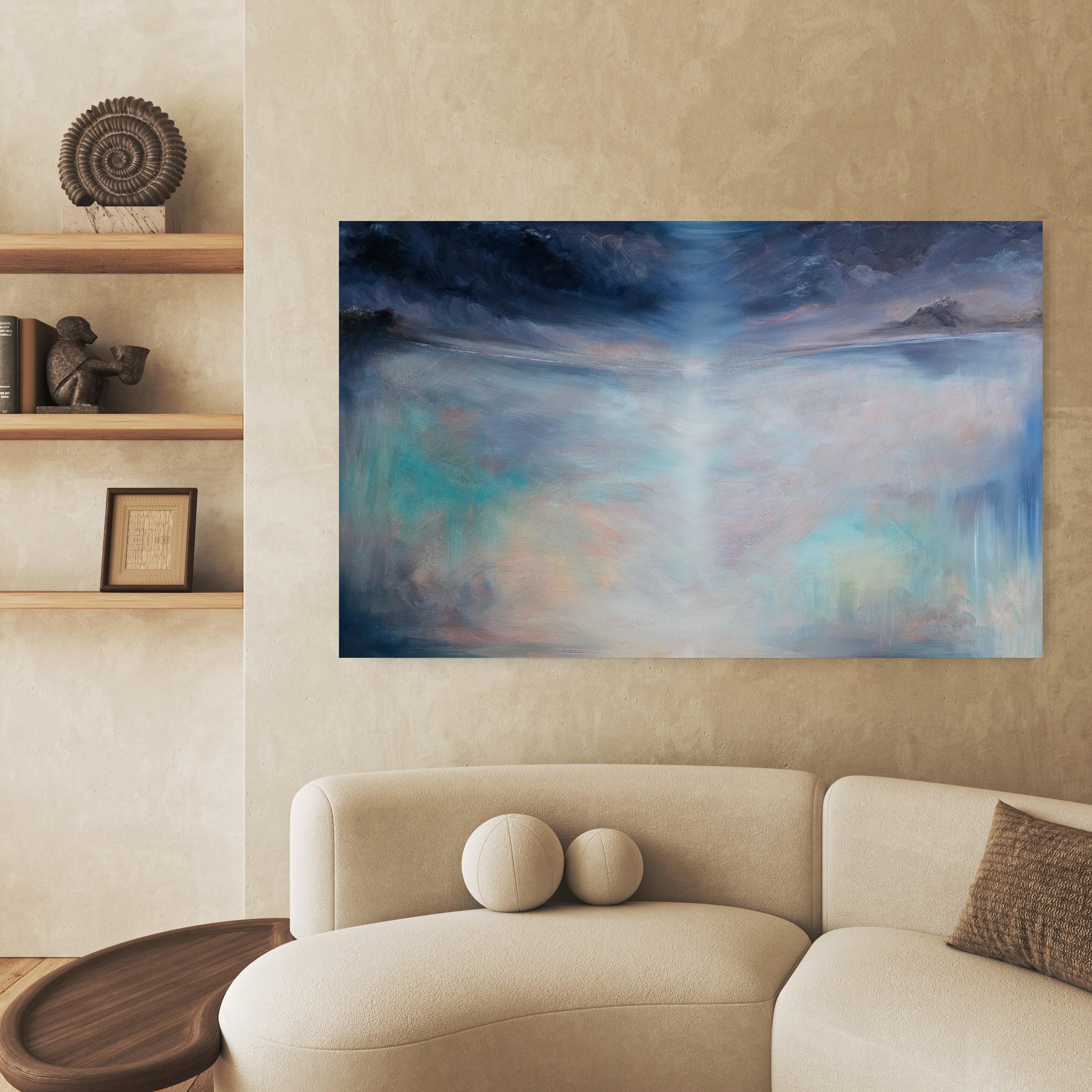 La stagione del cielo - Grande quadro astratto di paesaggio marino blu e maestoso in vendita 12