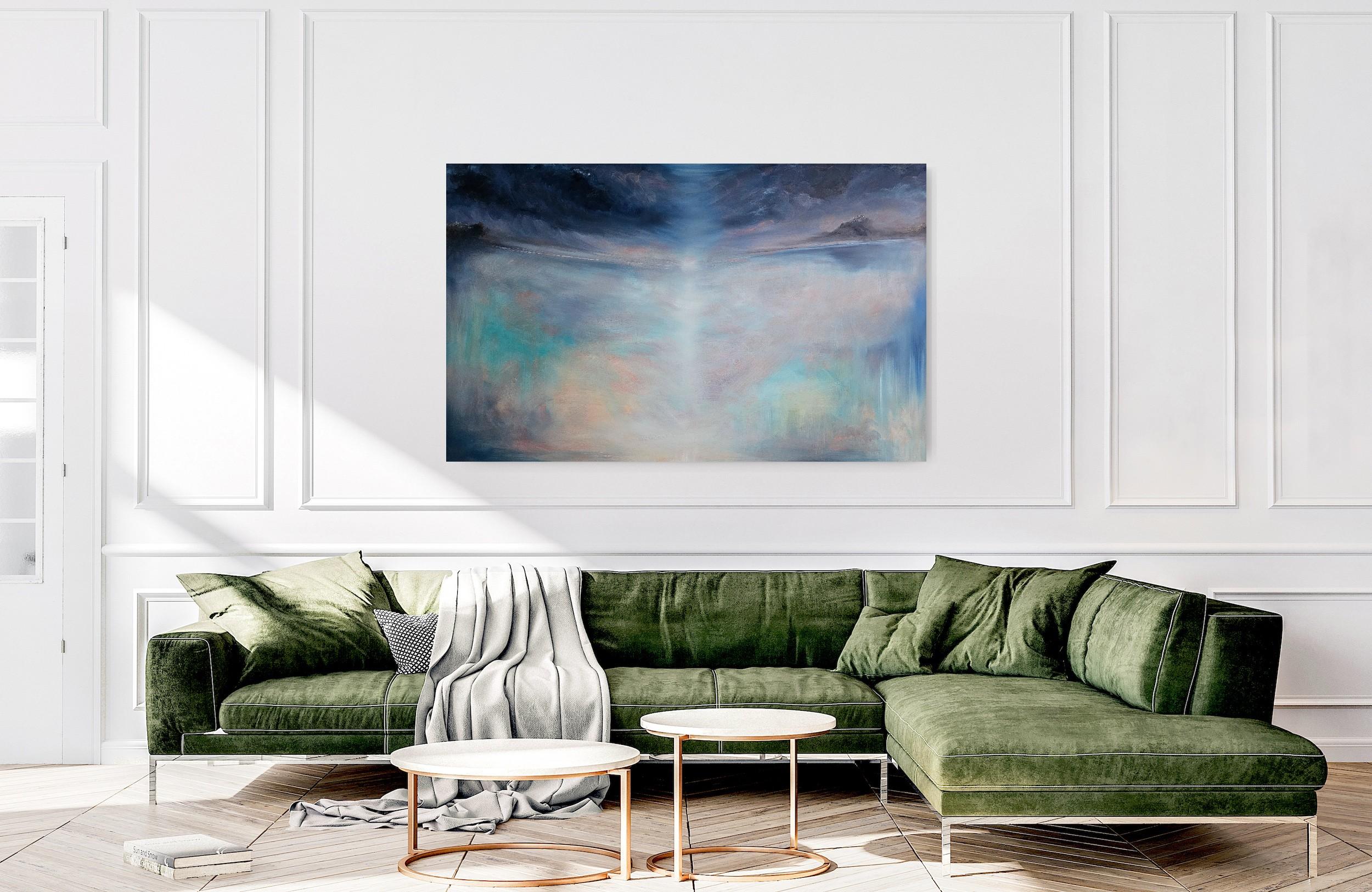 La stagione del cielo - Grande quadro astratto di paesaggio marino blu e maestoso in vendita 13