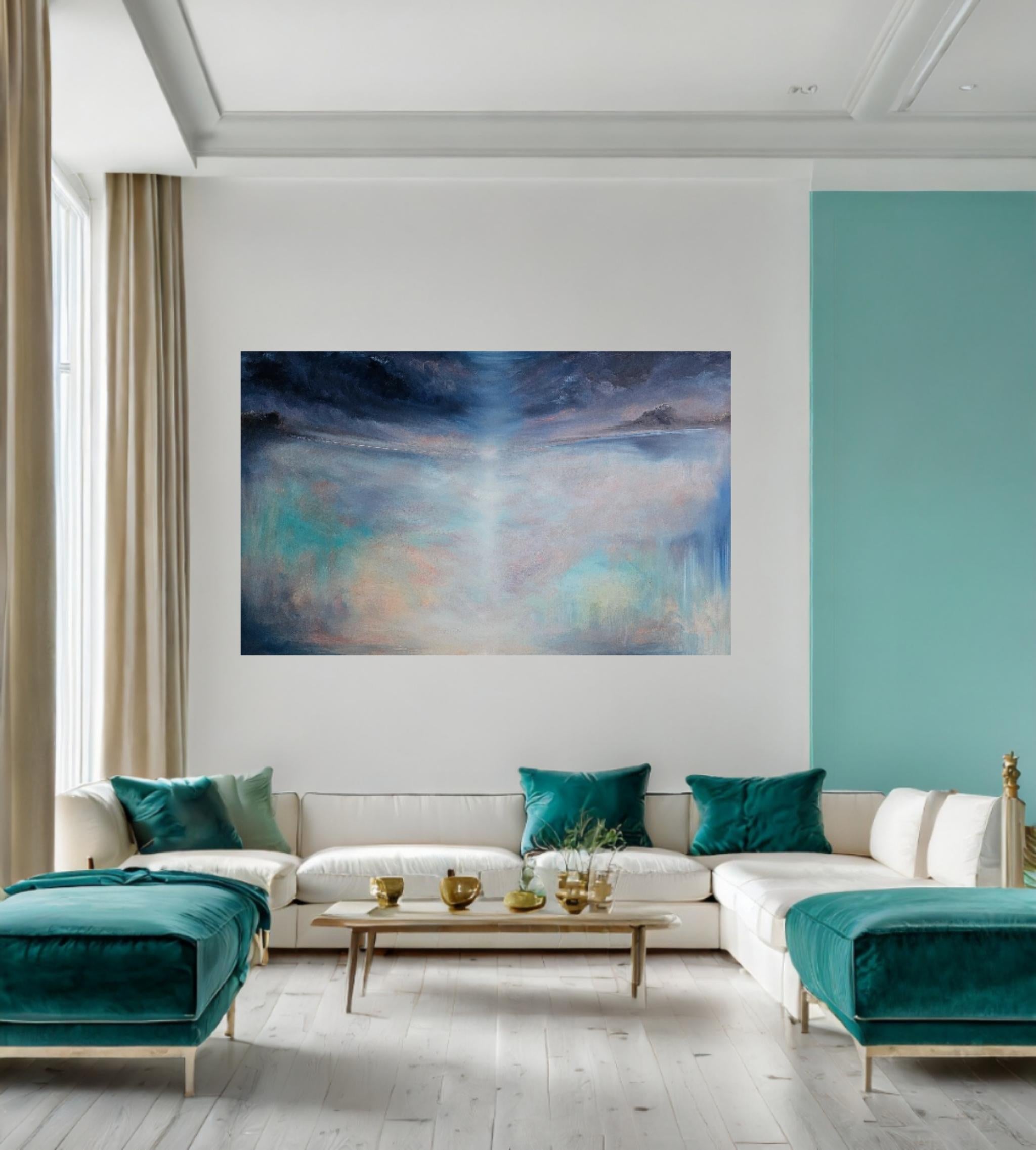 La stagione del cielo - Grande quadro astratto di paesaggio marino blu e maestoso - Painting di Jennifer L. Baker