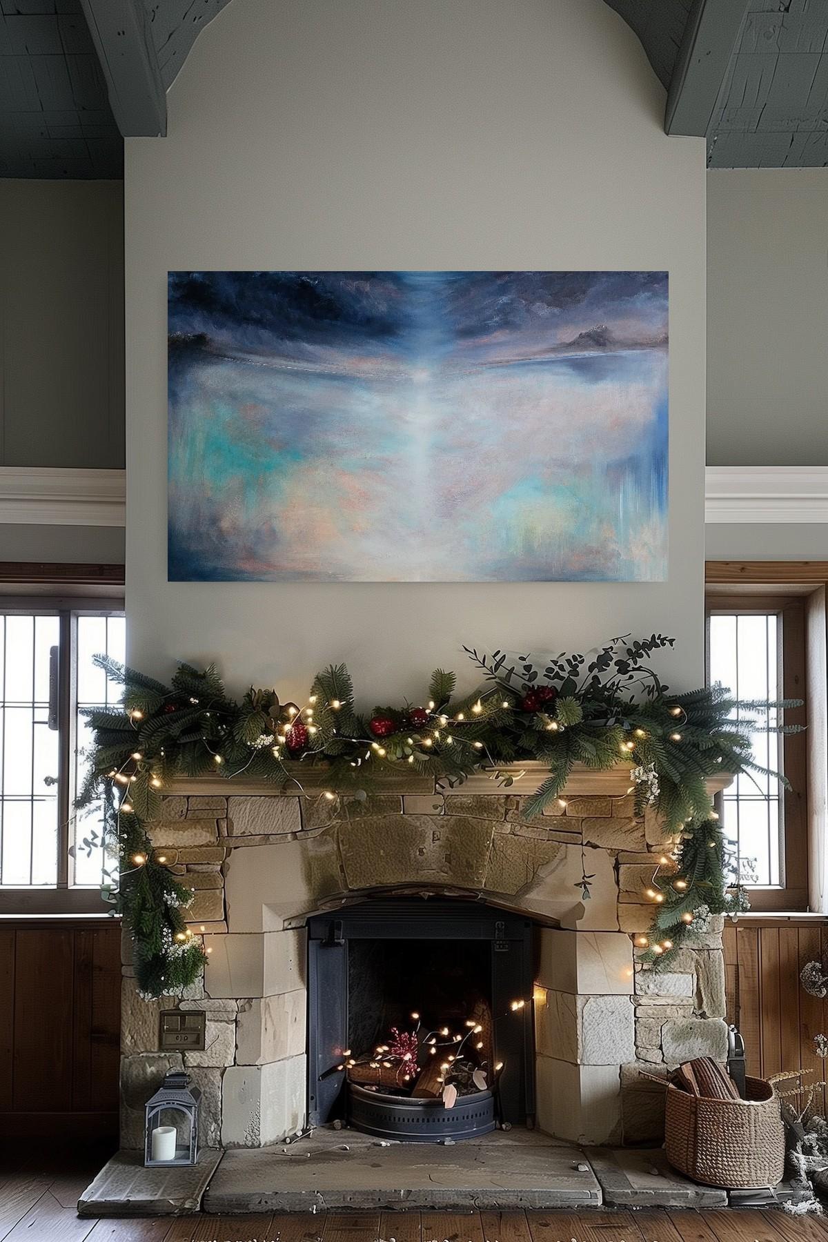 La stagione del cielo - Grande quadro astratto di paesaggio marino blu e maestoso - Abstract Painting Grigio di Jennifer L. Baker