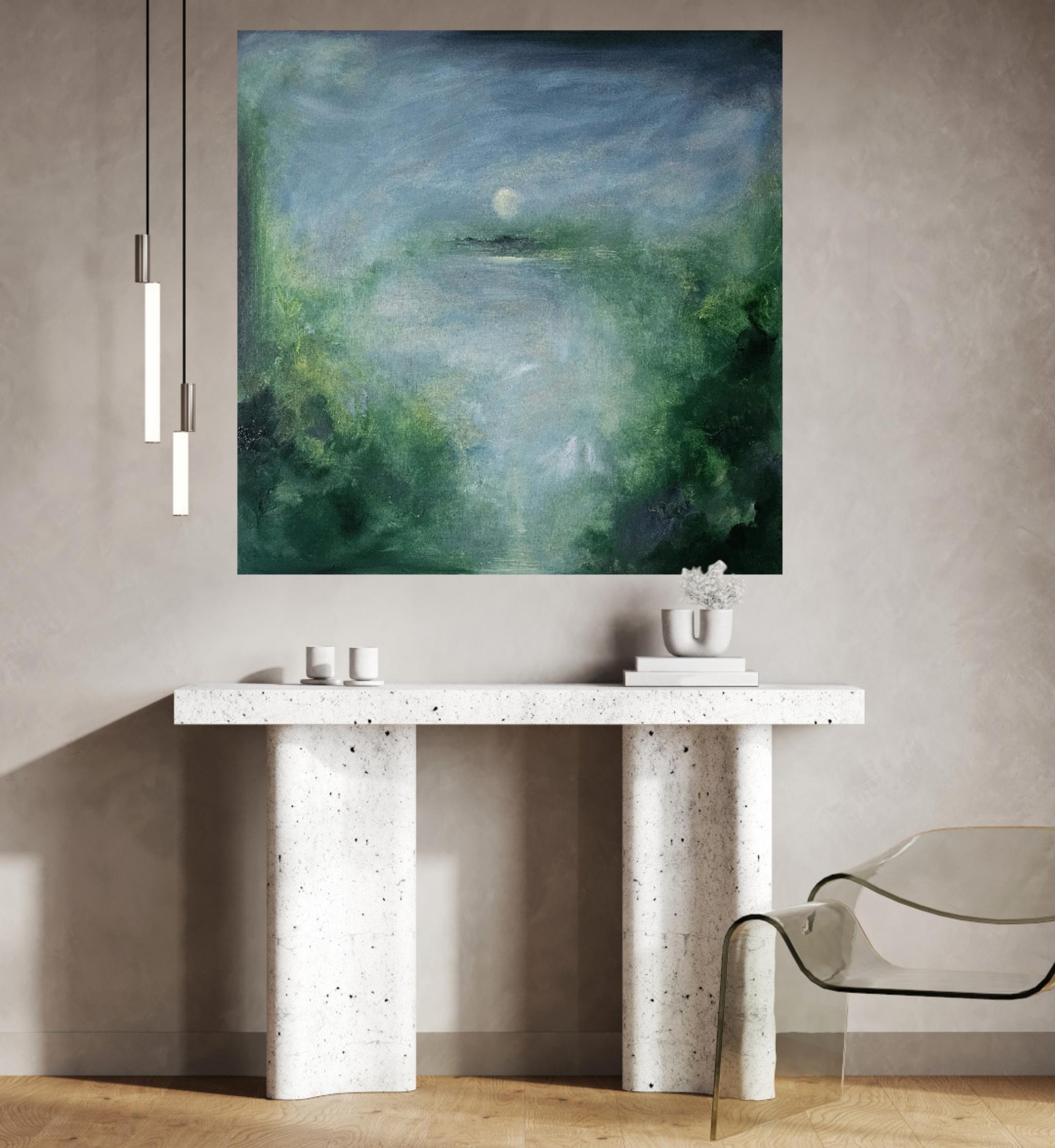 Il merlo che dorme - Quadro astratto della luna e del cielo in verde e blu in vendita 7