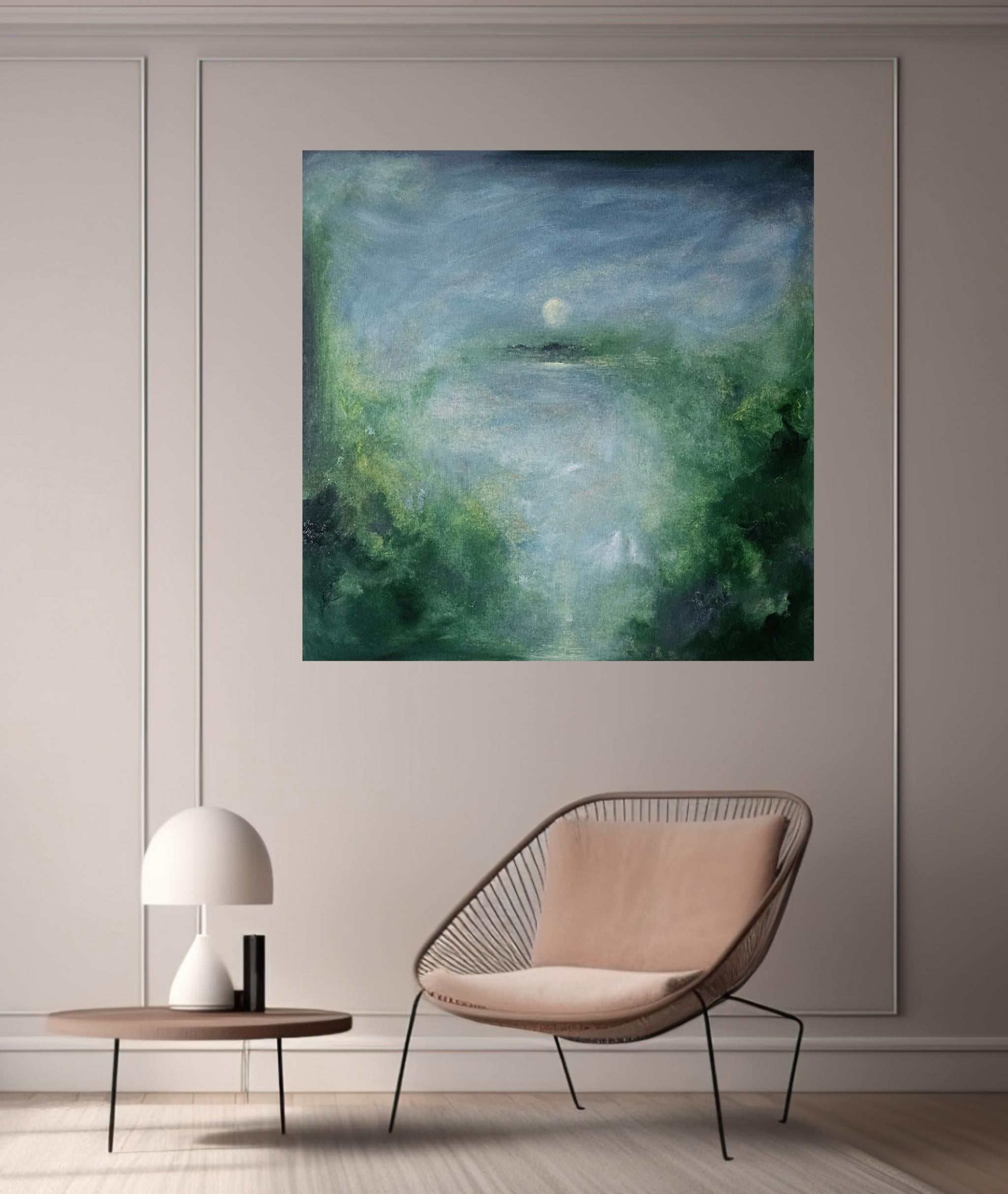 Il merlo che dorme - Quadro astratto della luna e del cielo in verde e blu in vendita 8