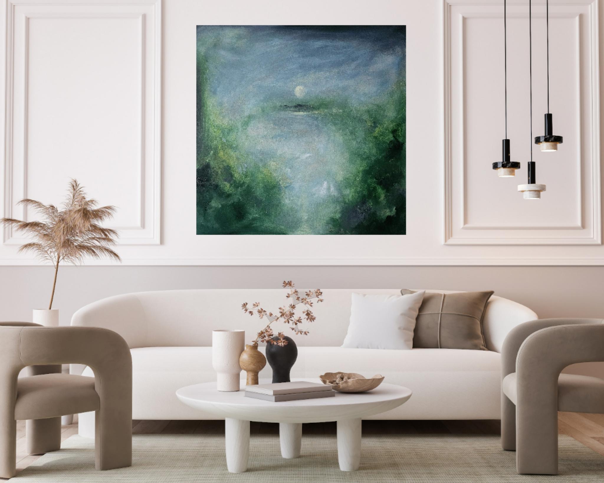 Il merlo che dorme - Quadro astratto della luna e del cielo in verde e blu in vendita 9