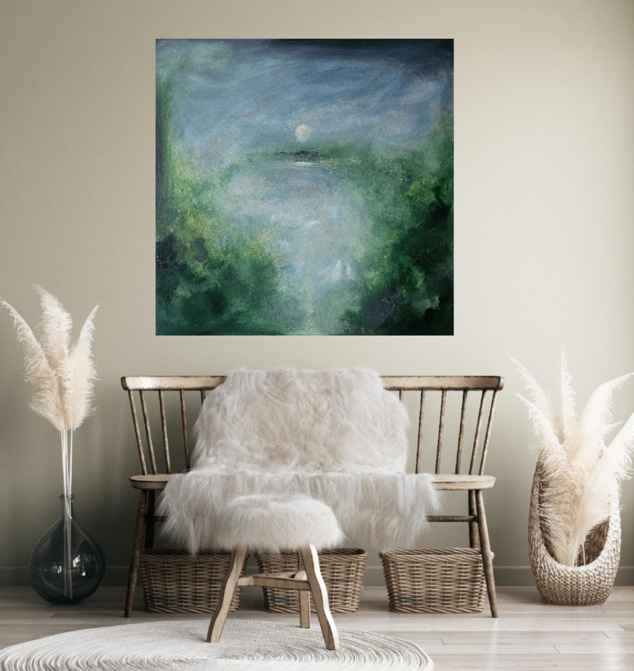 Il merlo che dorme - Quadro astratto della luna e del cielo in verde e blu in vendita 10