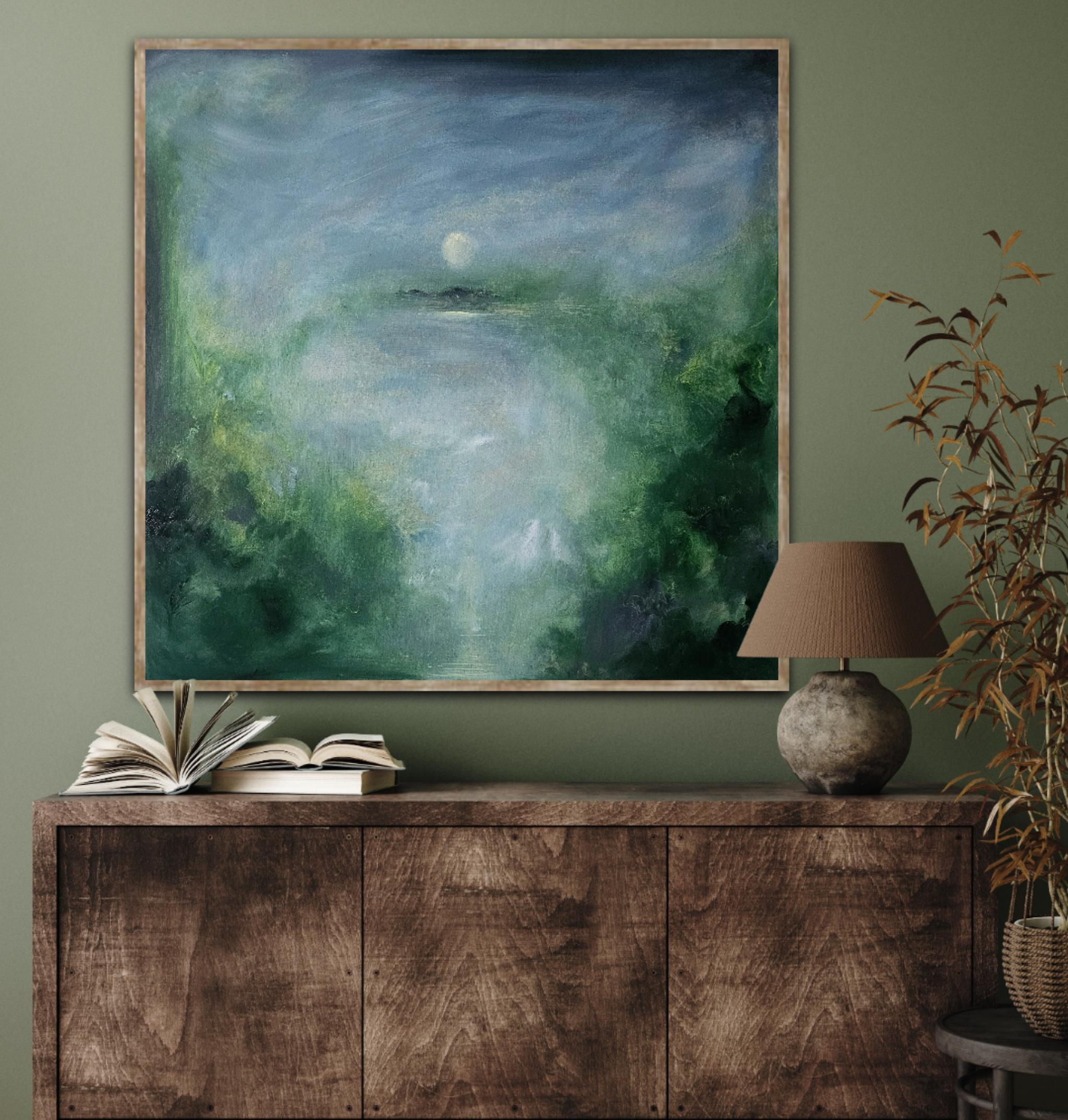 Il merlo che dorme - Quadro astratto della luna e del cielo in verde e blu in vendita 11