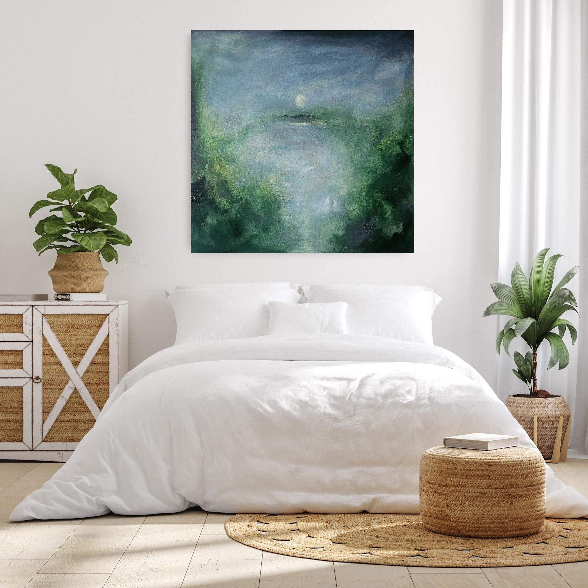 Il merlo che dorme - Quadro astratto della luna e del cielo in verde e blu in vendita 12
