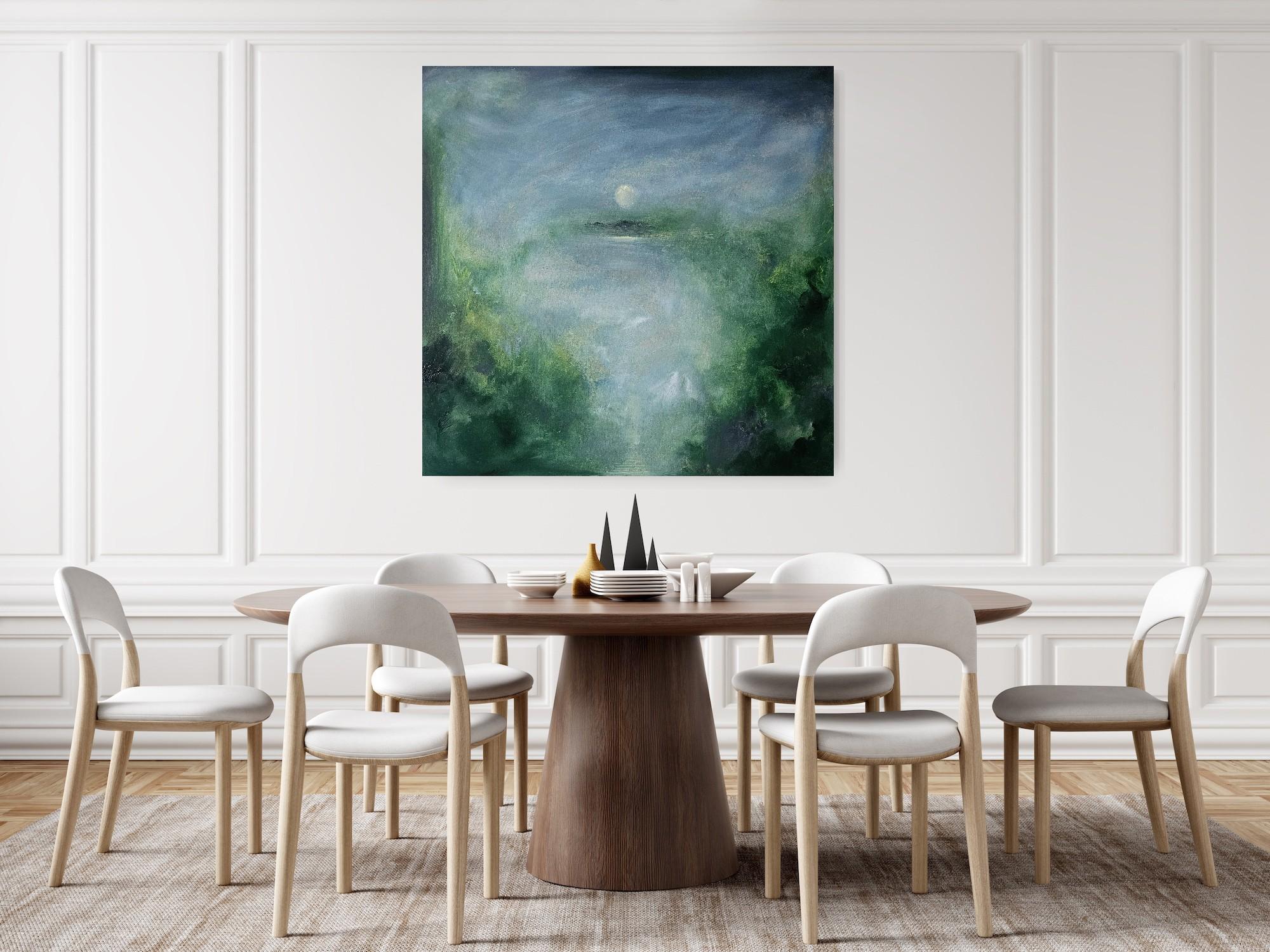 Il merlo che dorme - Quadro astratto della luna e del cielo in verde e blu in vendita 13