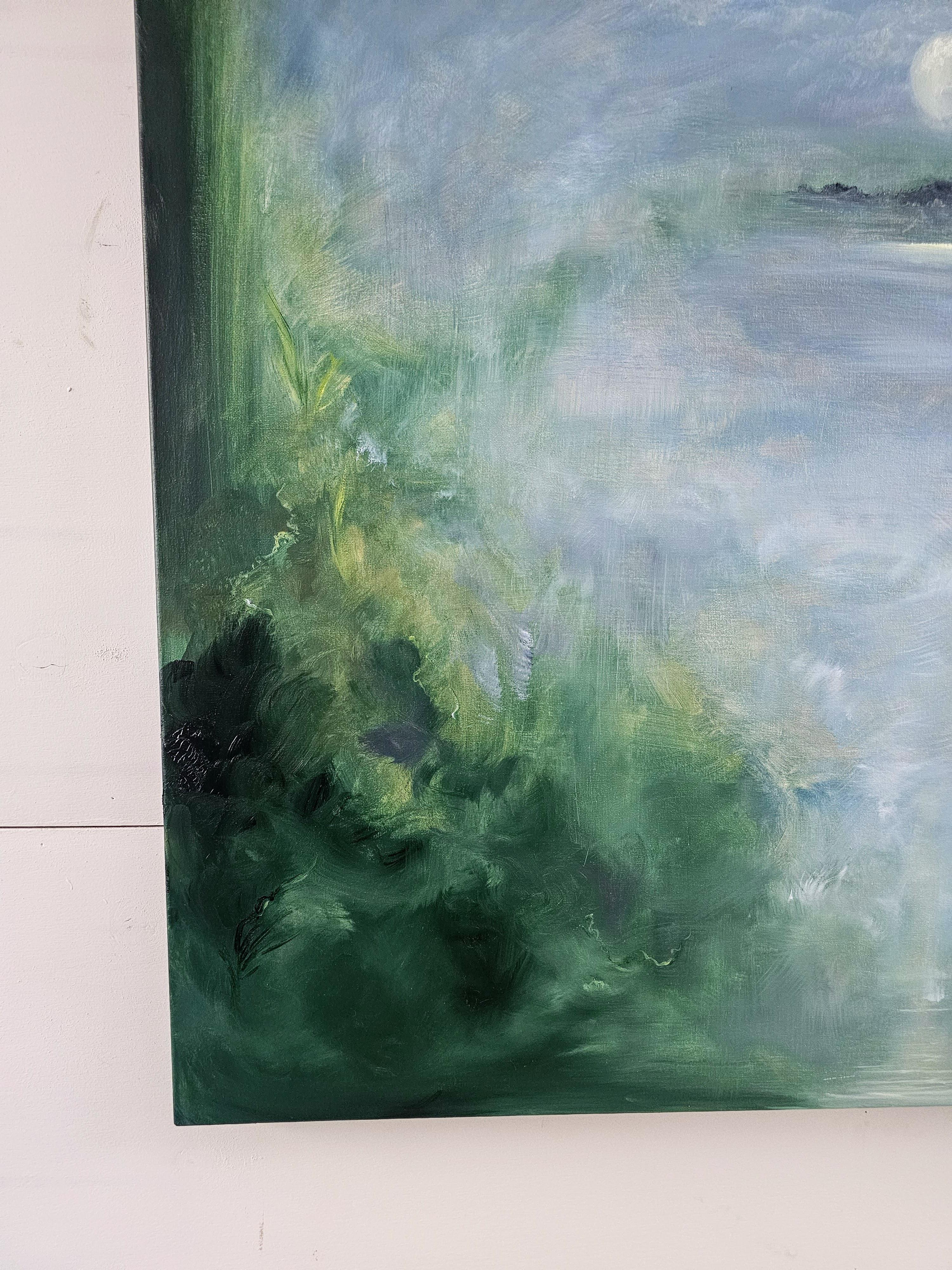 Il merlo che dorme - Quadro astratto della luna e del cielo in verde e blu in vendita 14