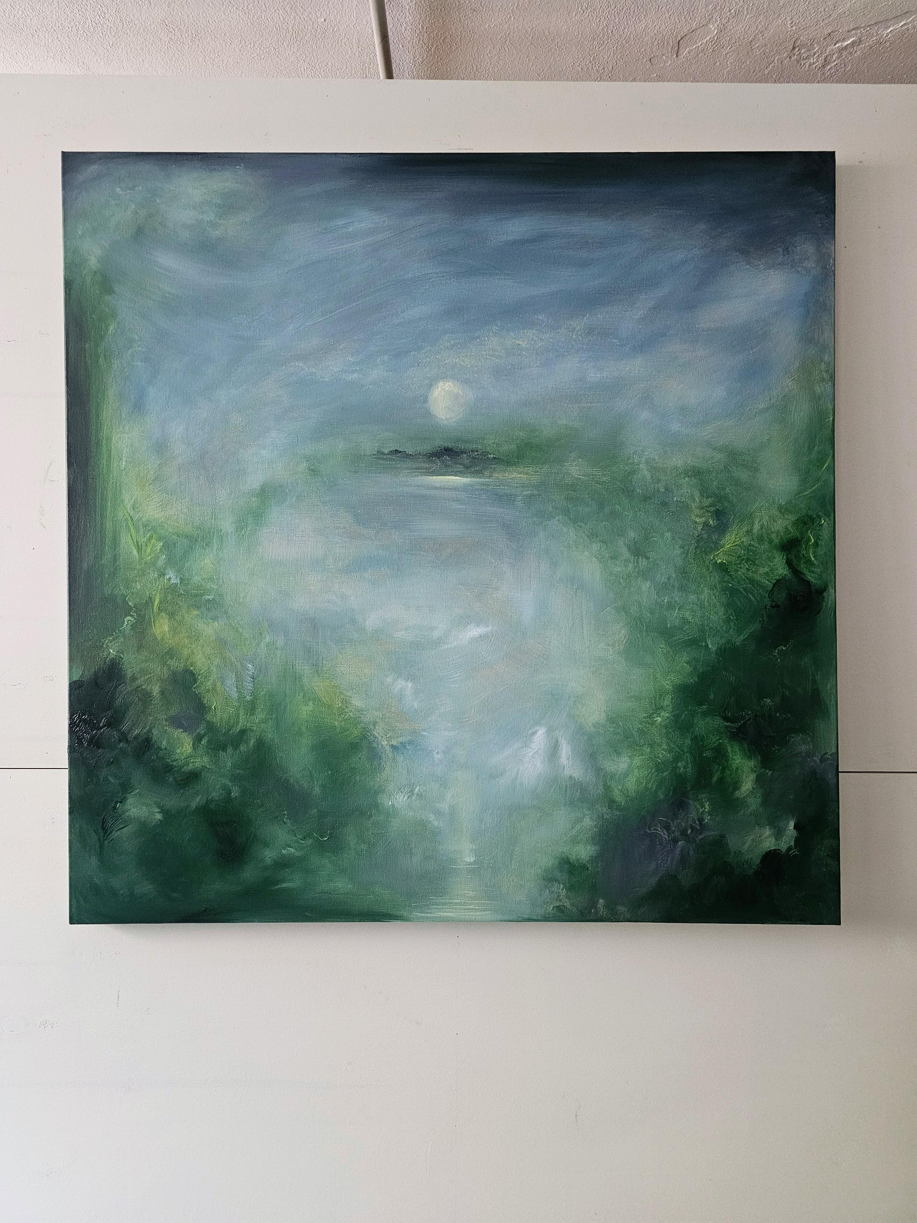 Il merlo che dorme - Quadro astratto della luna e del cielo in verde e blu in vendita 15