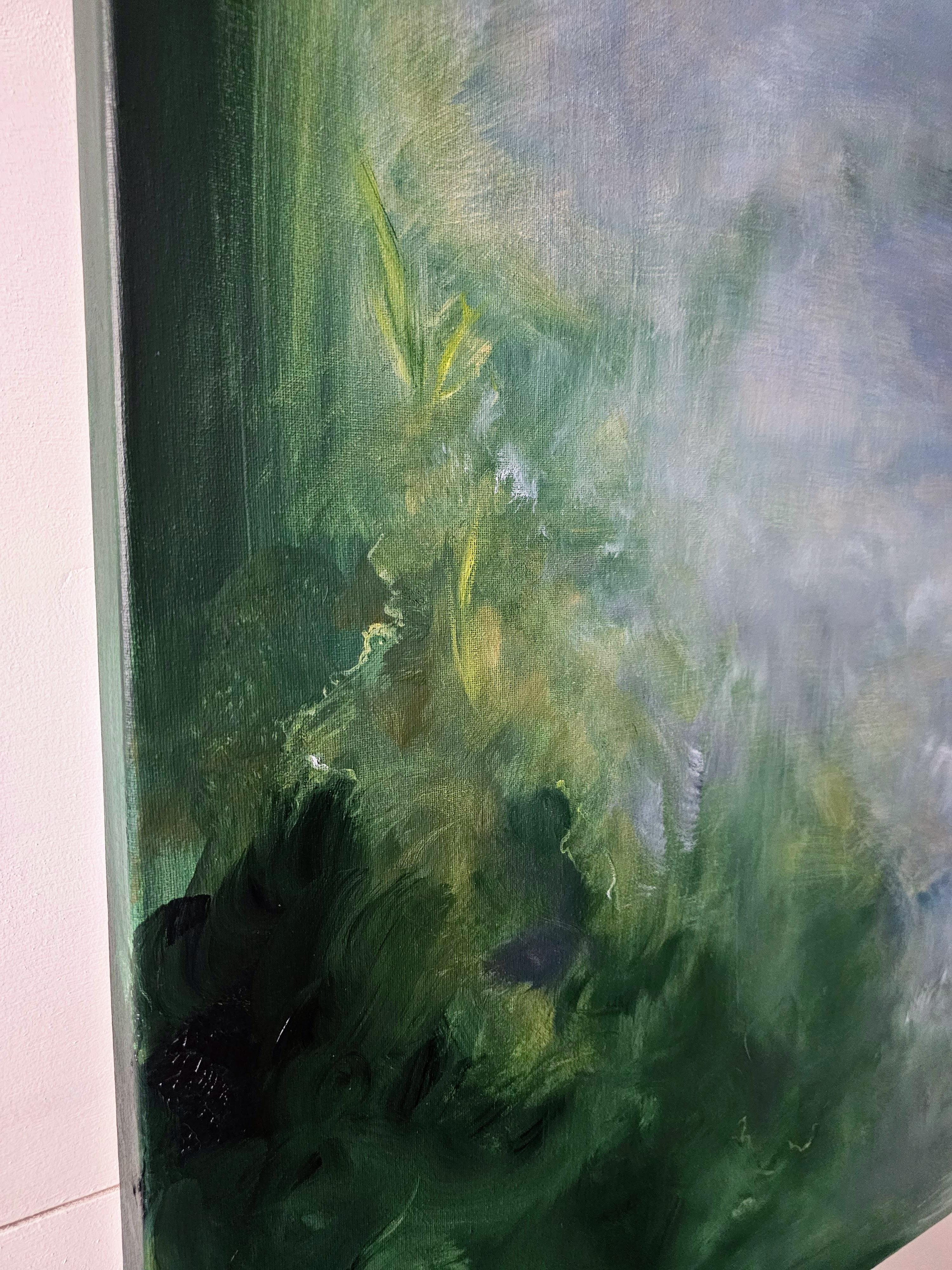 Il merlo che dorme - Quadro astratto della luna e del cielo in verde e blu in vendita 1