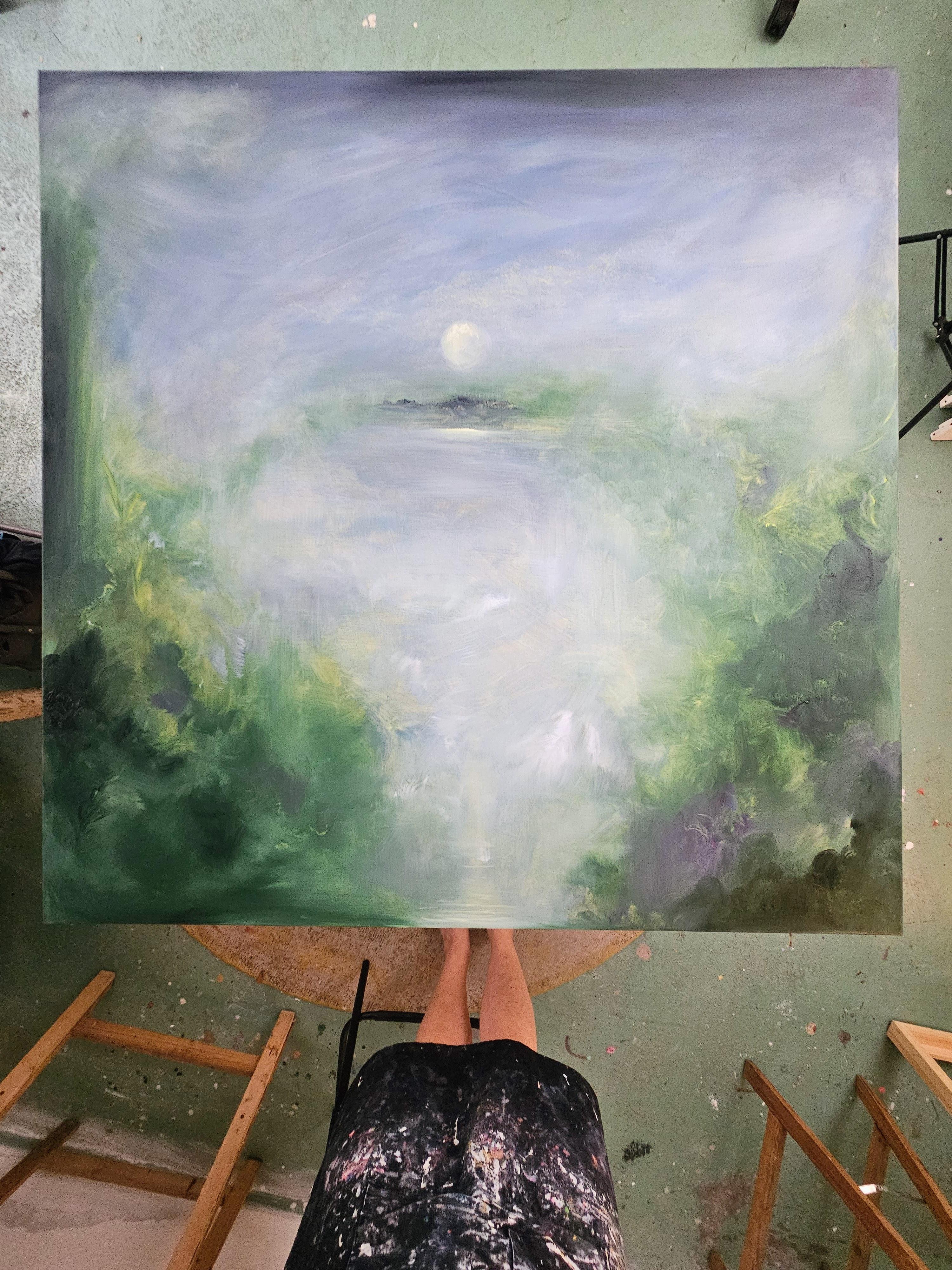 Il merlo che dorme - Quadro astratto della luna e del cielo in verde e blu in vendita 2