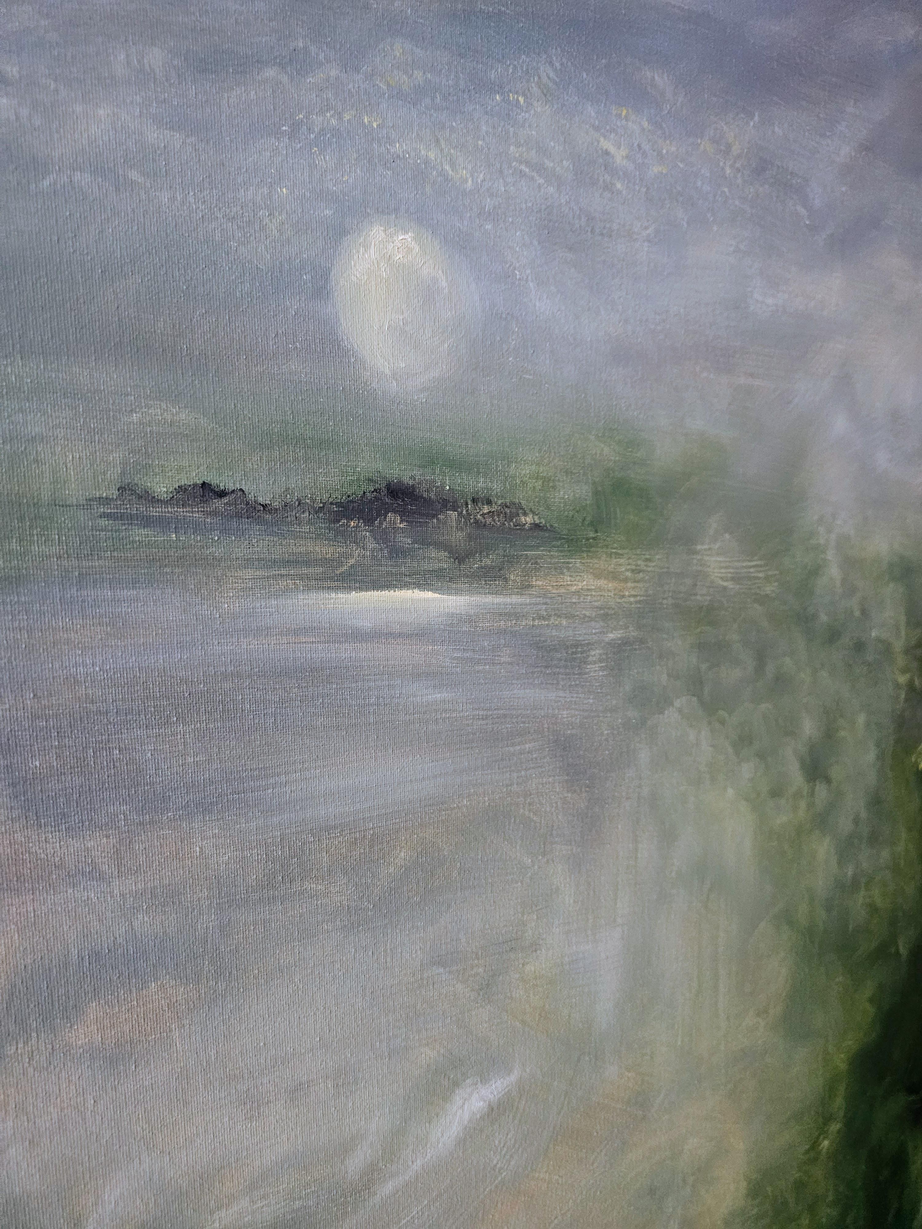 Il merlo che dorme - Quadro astratto della luna e del cielo in verde e blu in vendita 4