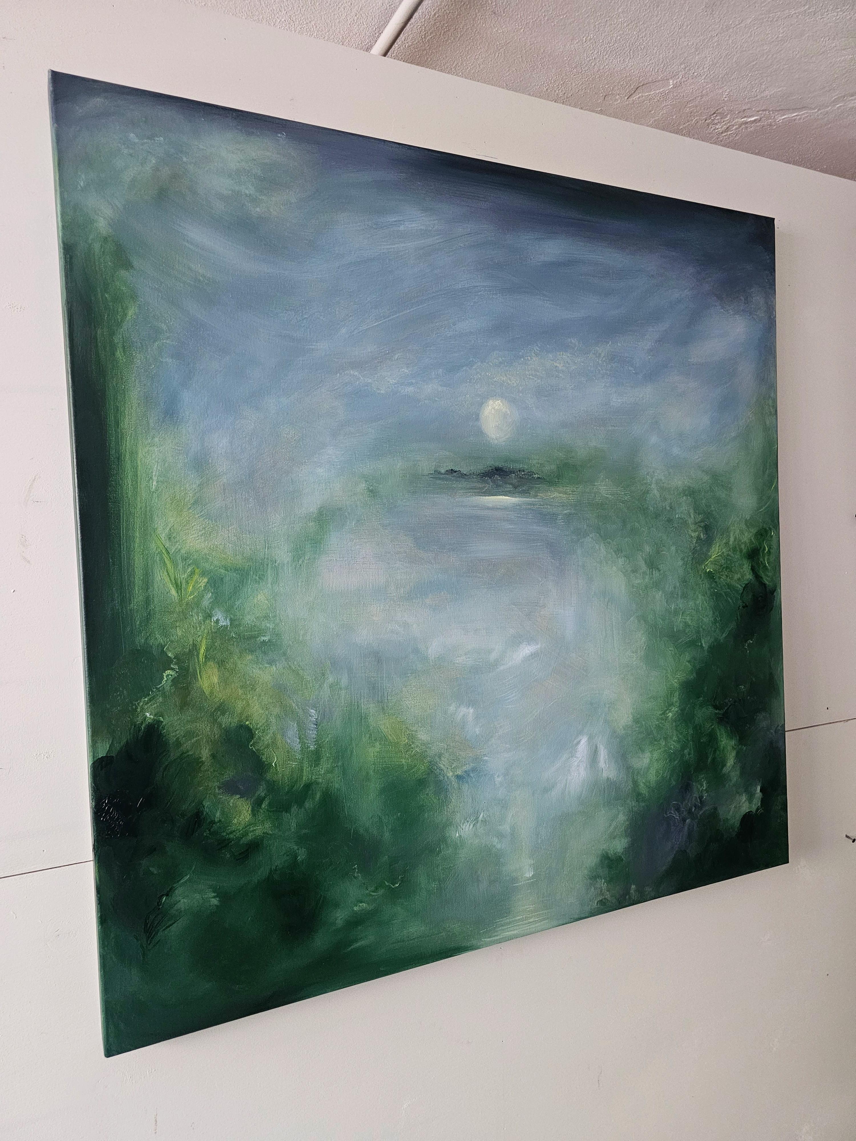 Il merlo che dorme - Quadro astratto della luna e del cielo in verde e blu in vendita 5
