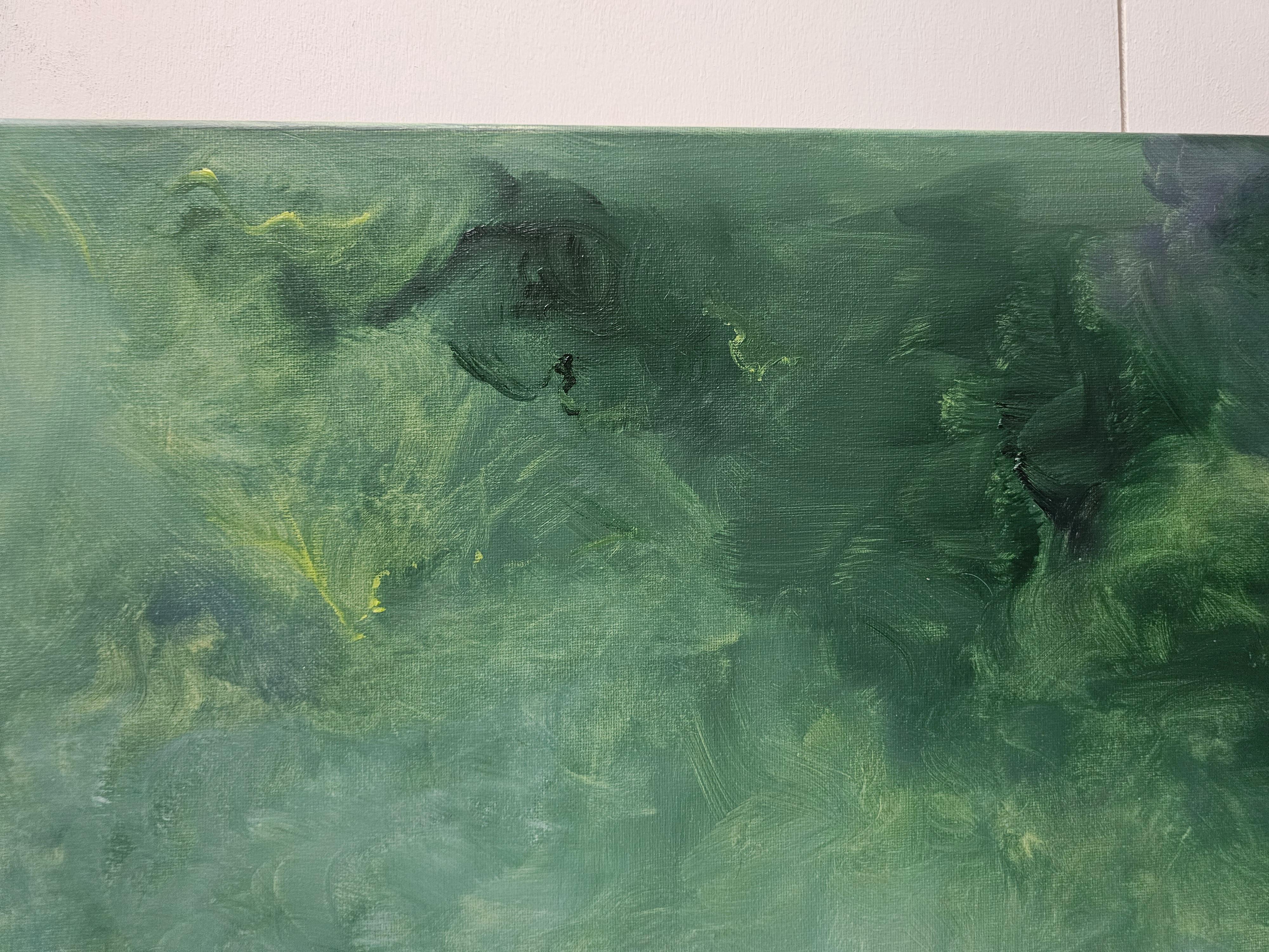Il merlo che dorme - Quadro astratto della luna e del cielo in verde e blu in vendita 6