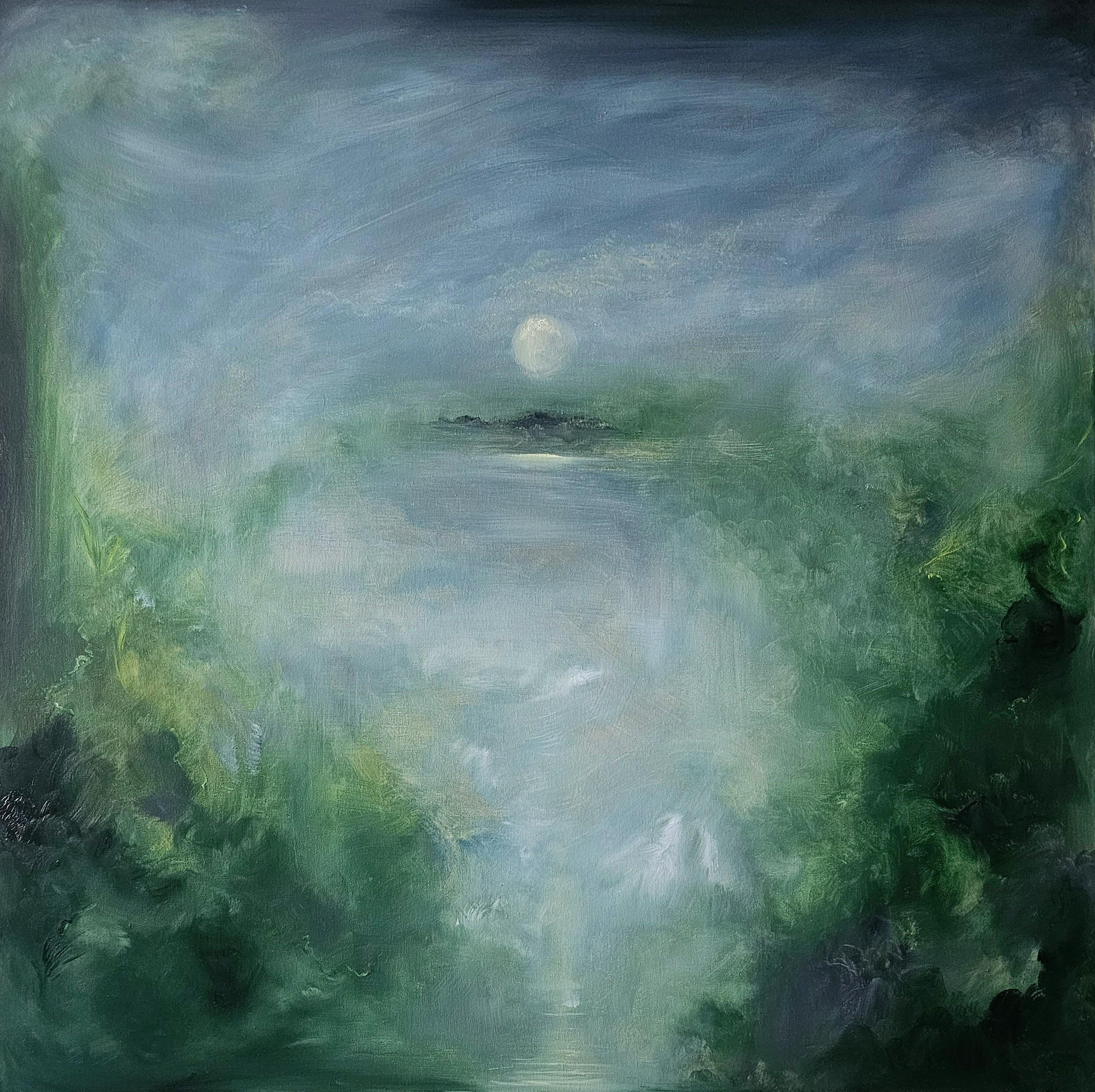 Il merlo che dorme - Quadro astratto della luna e del cielo in verde e blu - Painting di Jennifer L. Baker