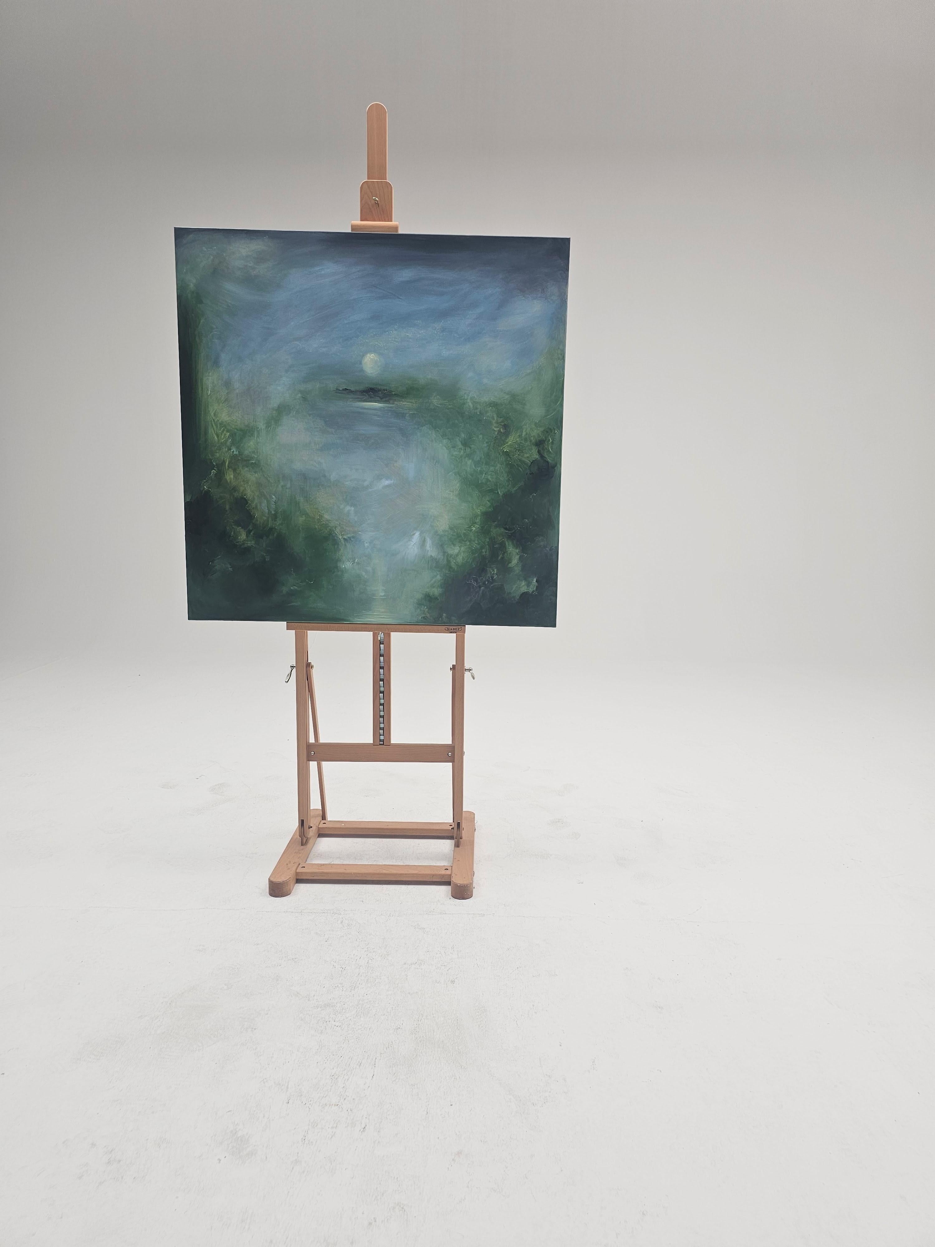 Il merlo che dorme - Quadro astratto della luna e del cielo in verde e blu in vendita 3