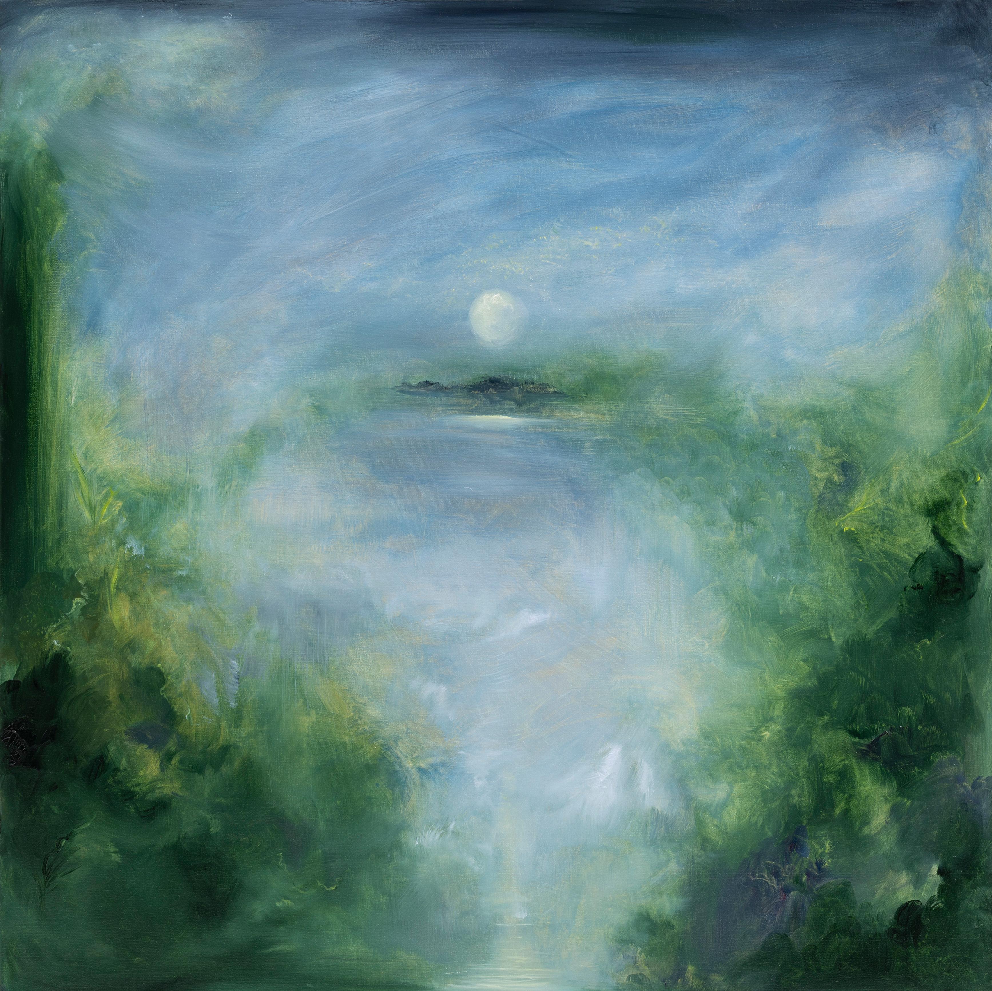 Abstract Painting di Jennifer L. Baker - Il merlo che dorme - Quadro astratto della luna e del cielo in verde e blu