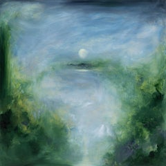 The sleeping blackbird - Green and blue abstract moon and sky painting