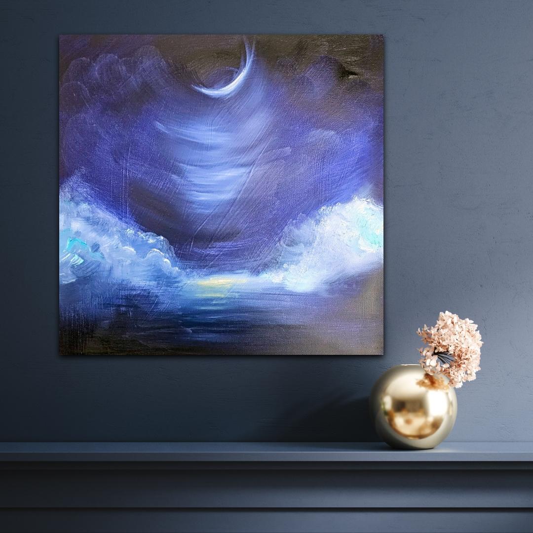 Der abnehmende Mond liebt dich - Blauer Mond abstraktes Landschaftsgemälde – Painting von Jennifer L. Baker