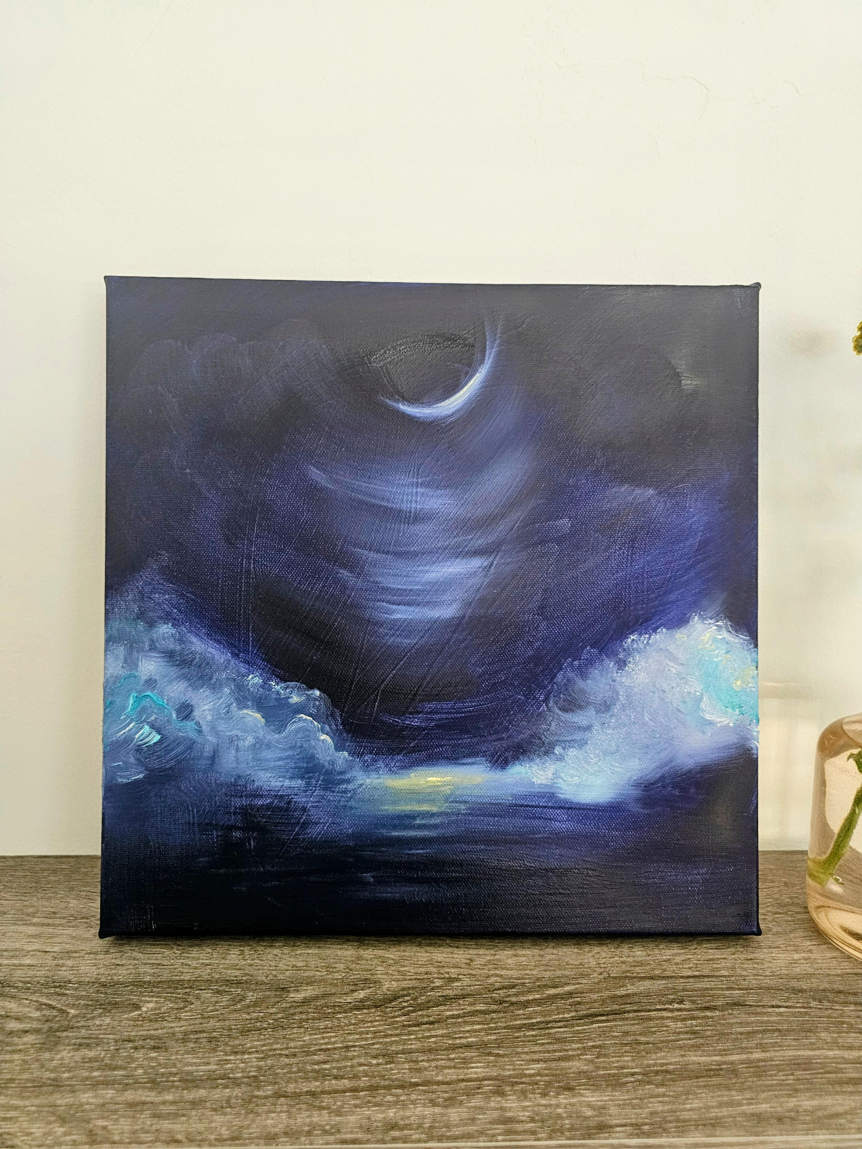 Der abnehmende Mond liebt dich - Blauer Mond abstraktes Landschaftsgemälde im Angebot 1