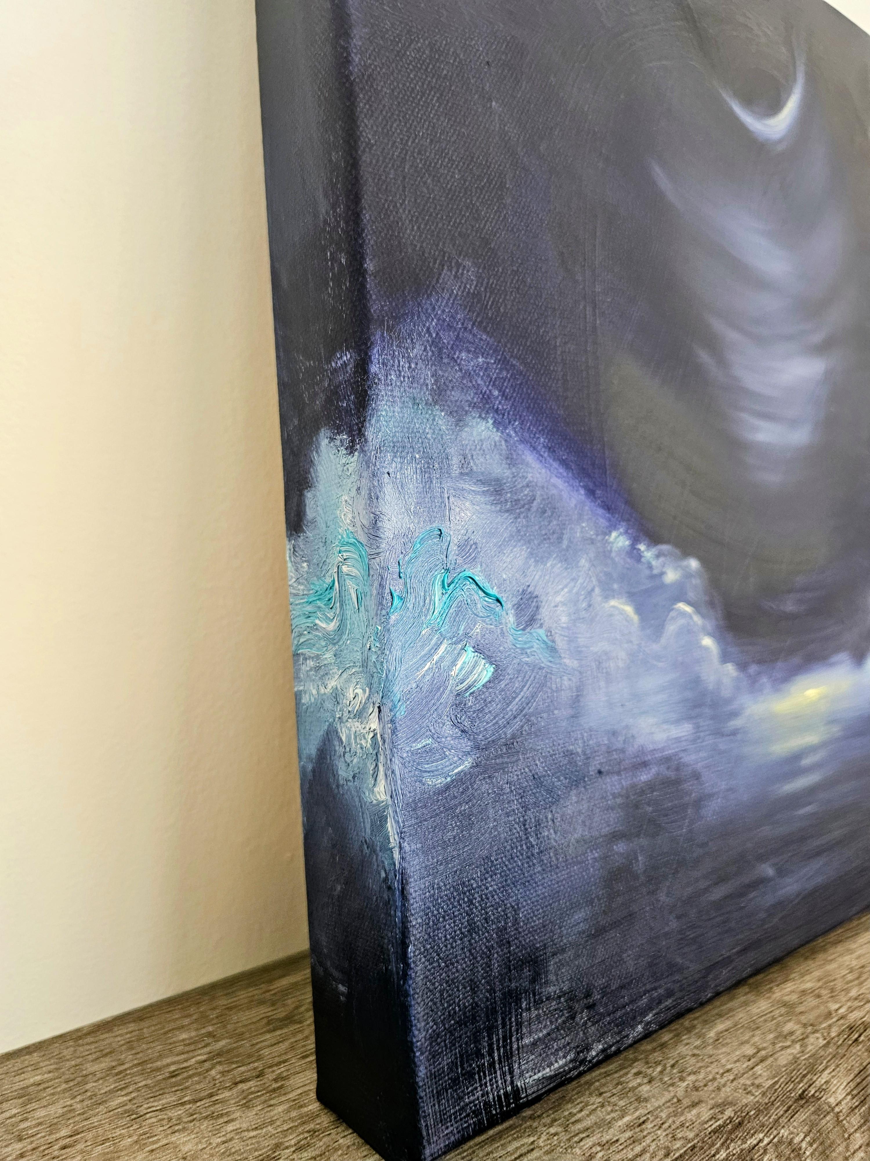 Der abnehmende Mond liebt dich - Blauer Mond abstraktes Landschaftsgemälde im Angebot 2