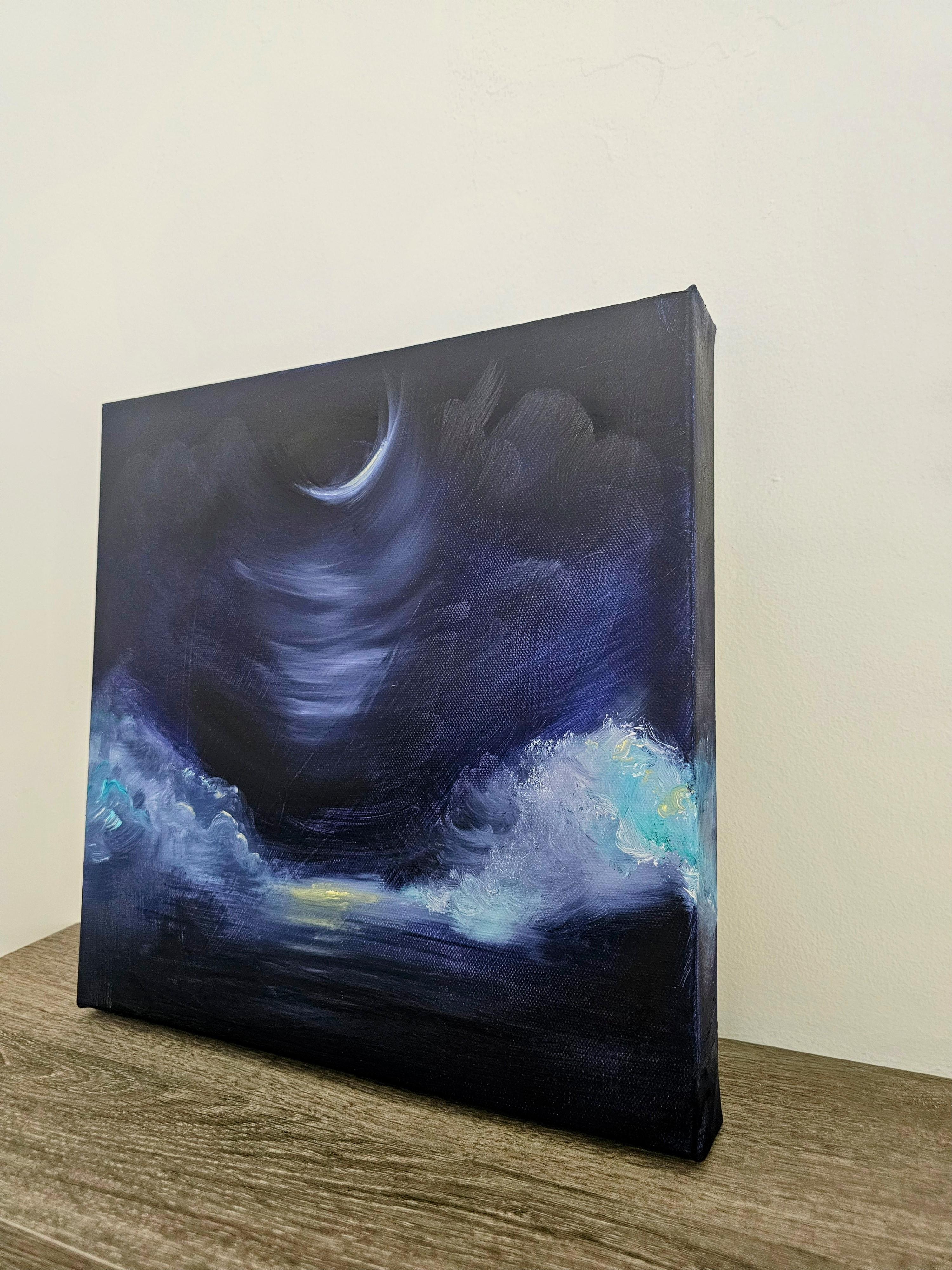 Der abnehmende Mond liebt dich - Blauer Mond abstraktes Landschaftsgemälde im Angebot 3